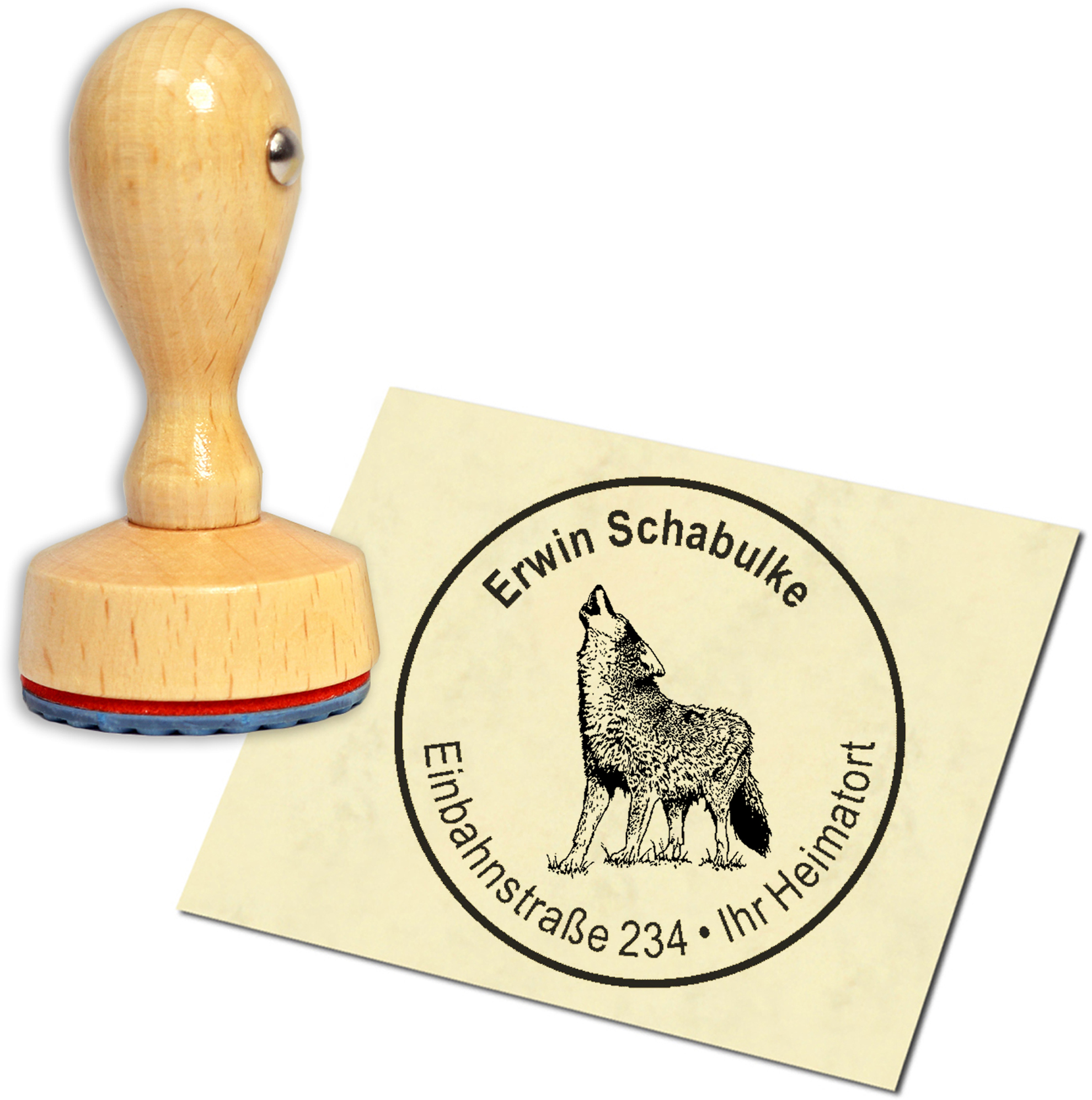 Stempel Adressstempel Holzstempel - heulender Wolf - rund 40mm