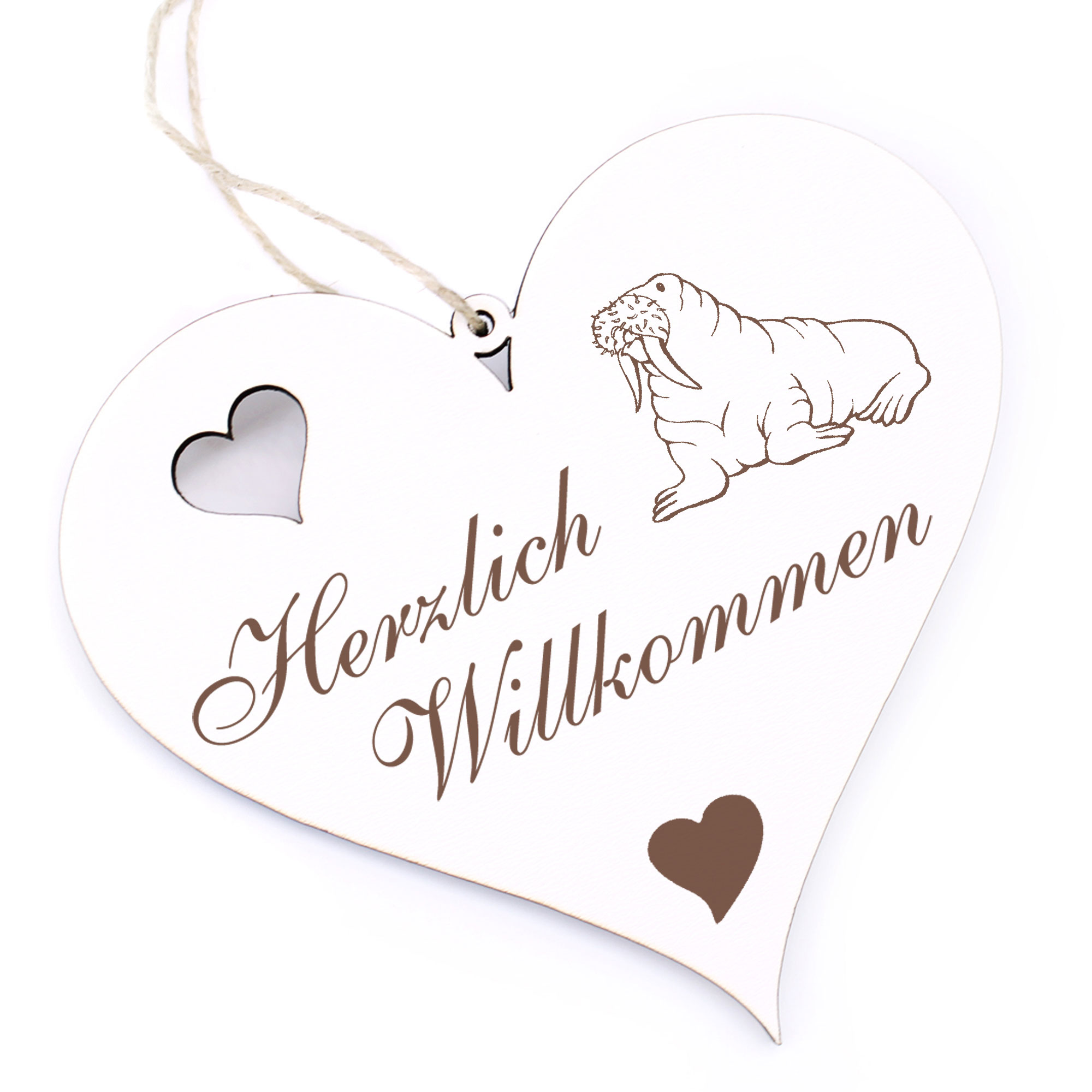 Herzlich Willkommen Schild - gezeichnetes Walross - Deko Herz Holz