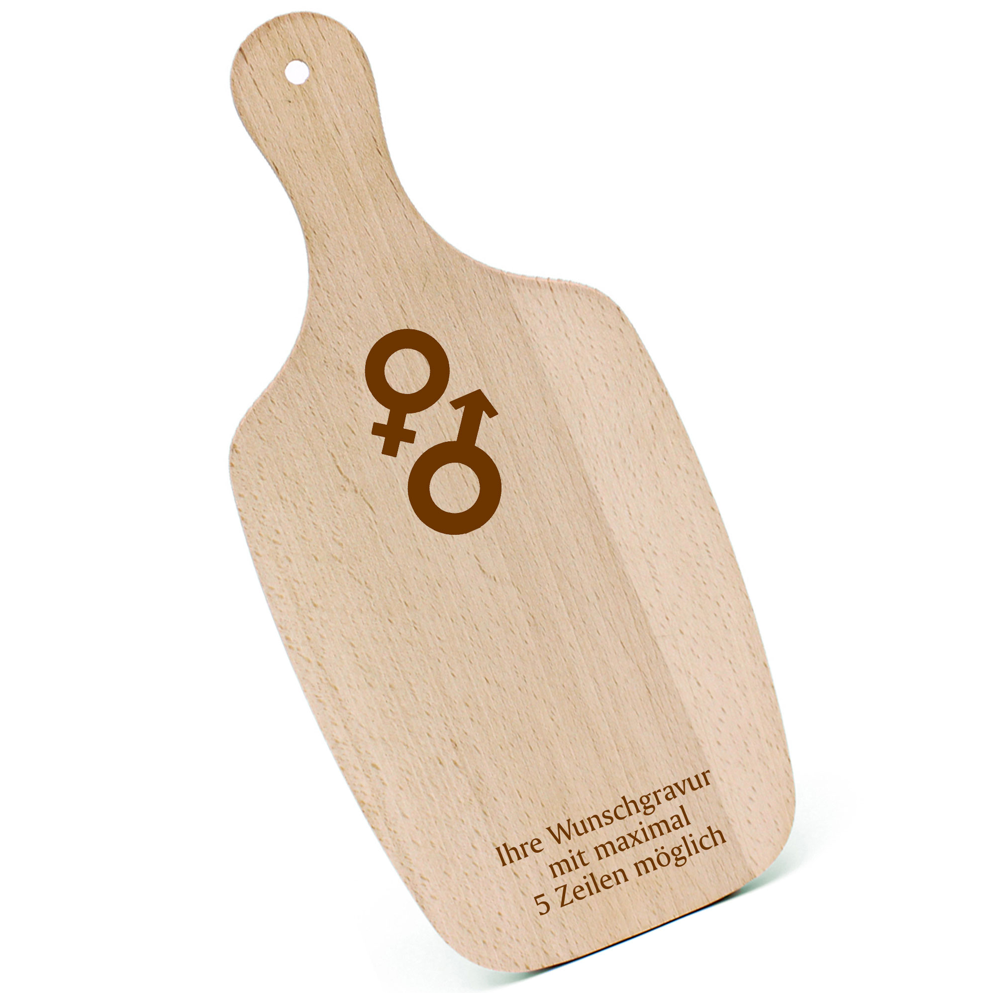 Schneidebrett Frühstücksbrettchen - Mann und Frau Symbol - mit Griff 330x150mm