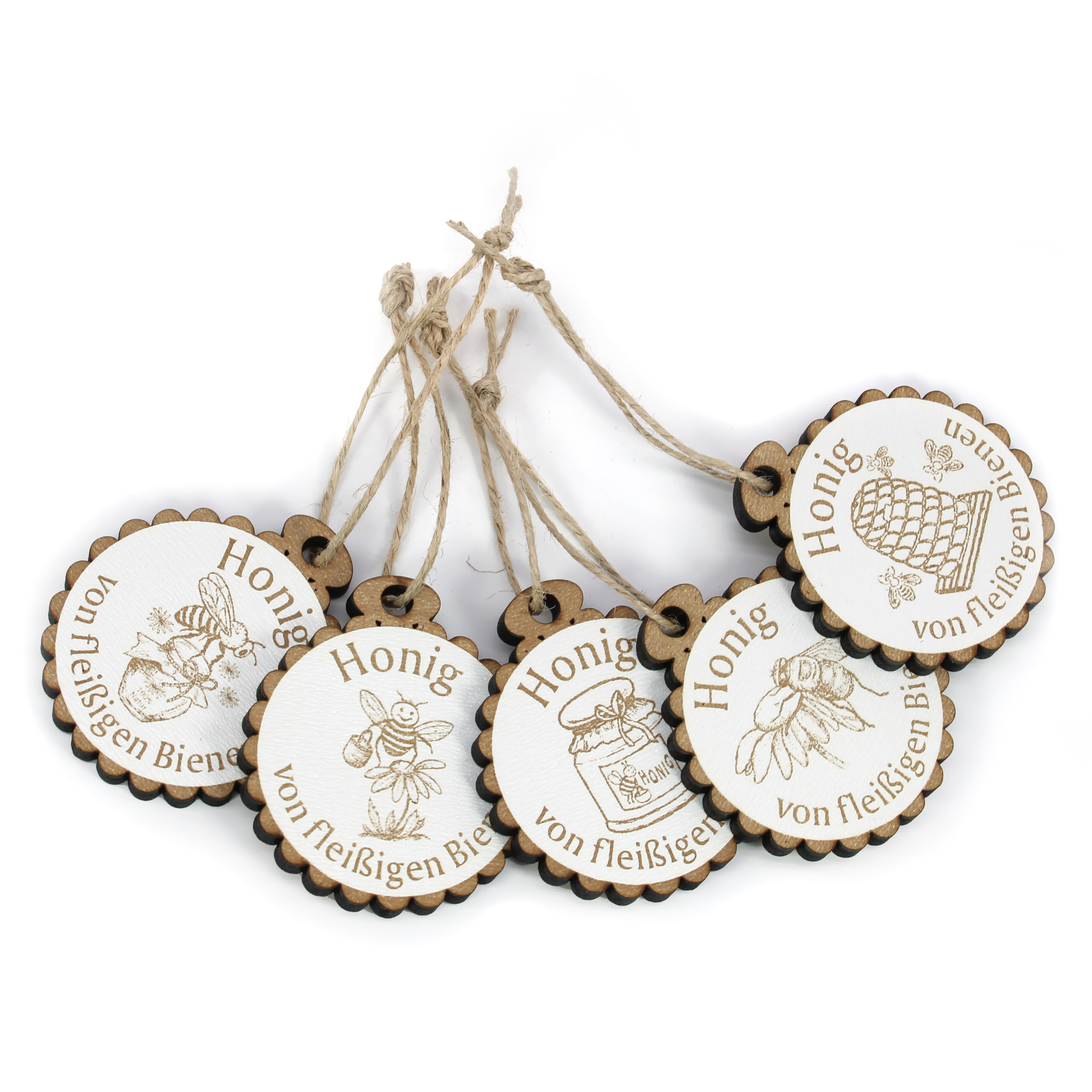 Anhänger Set 5 Stück Honig von fleißigen Bienen - Imker Holzanhänger Landhaus Ø 4,5 cm