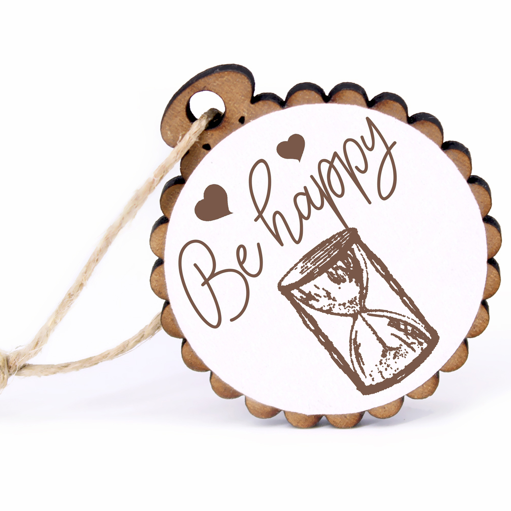 Geschenkanhänger - Be Happy Sanduhr -  Holz Ø-5cm - mit Juteband