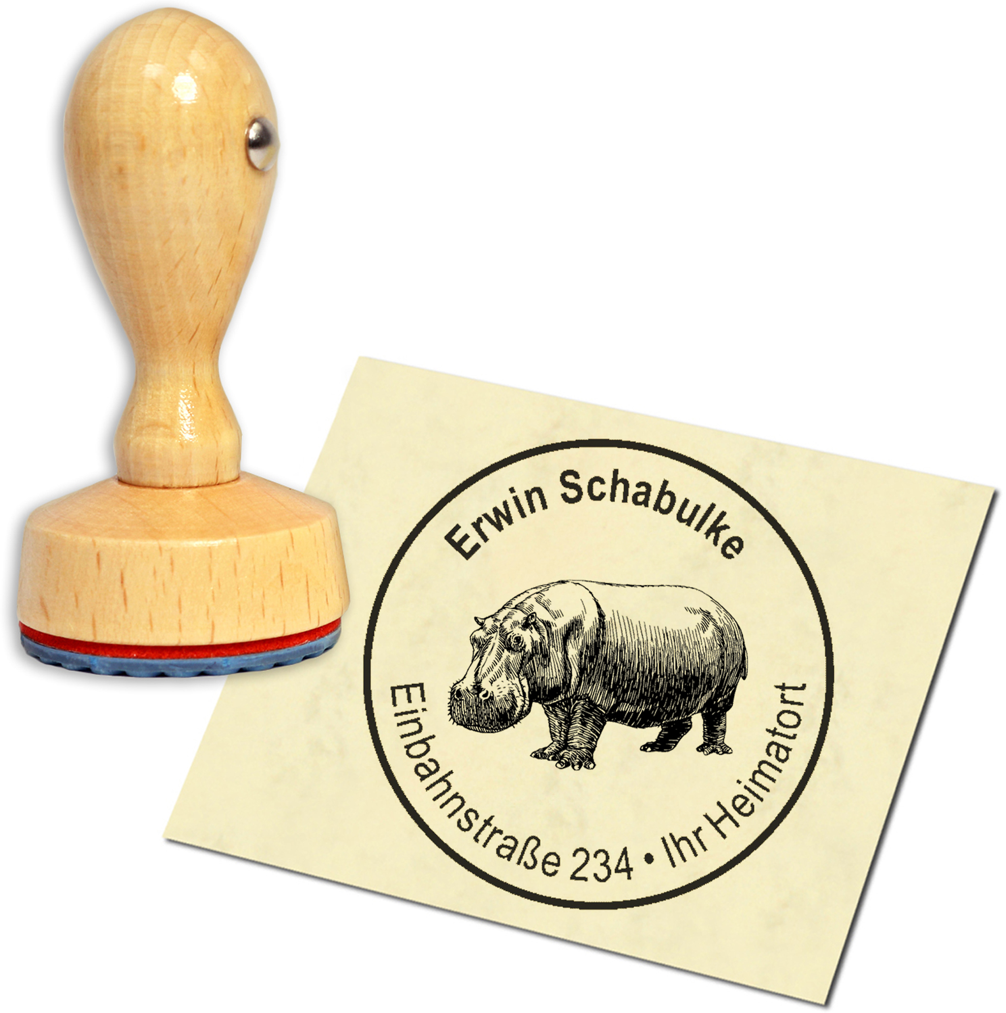 Stempel Adressstempel Holzstempel - Nilpferd Hippo - rund 40mm