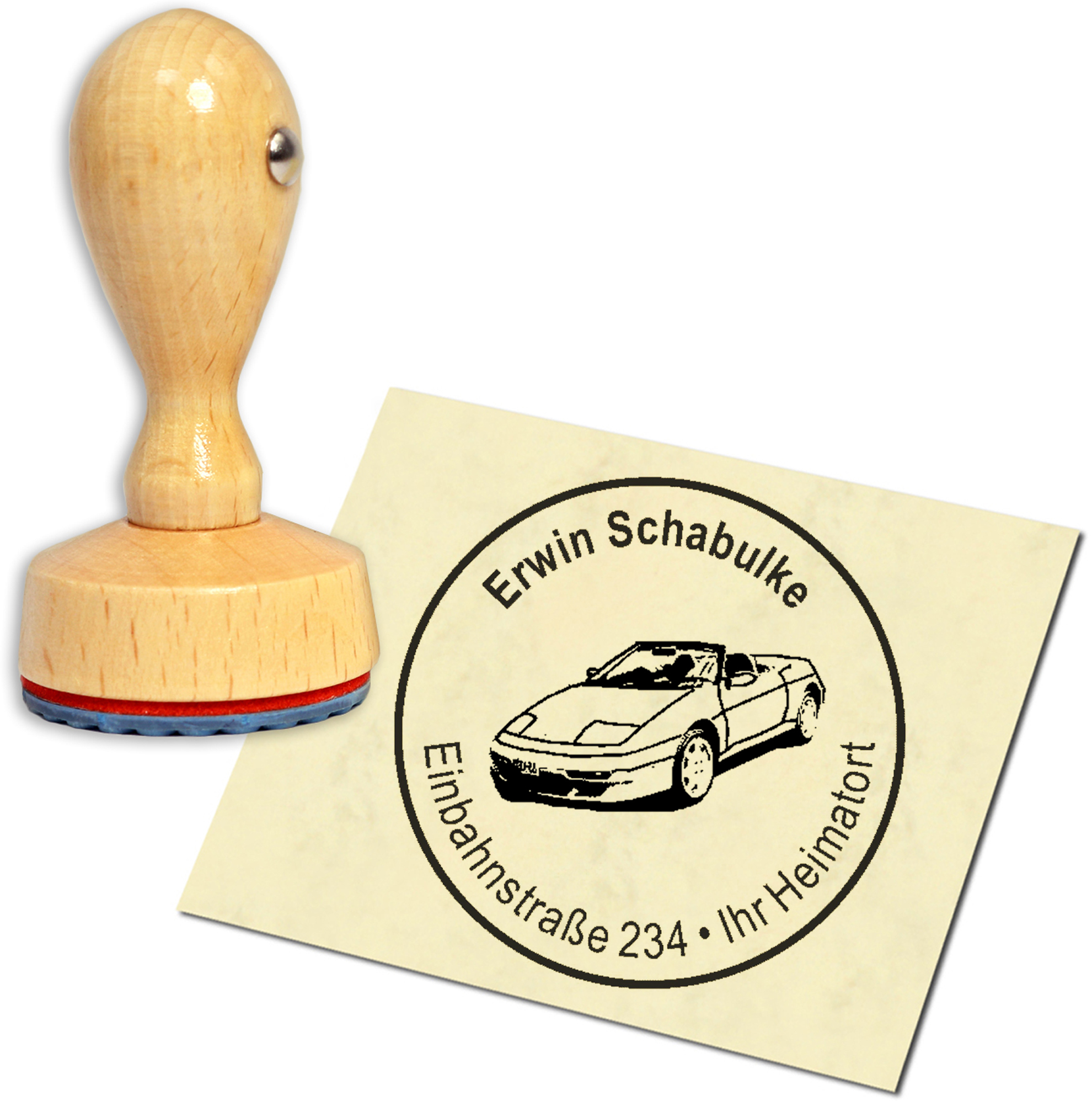 Stempel Adressstempel Holzstempel - Rennauto - rund 40mm