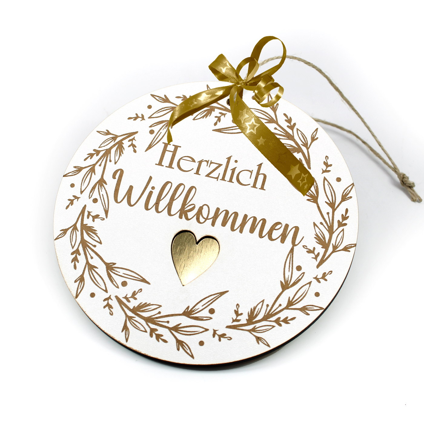 Schild rund Herzlich Willkommen mit Motiv Vintage Kranz und goldfarbenem Herz Ornament Ø 15 cm