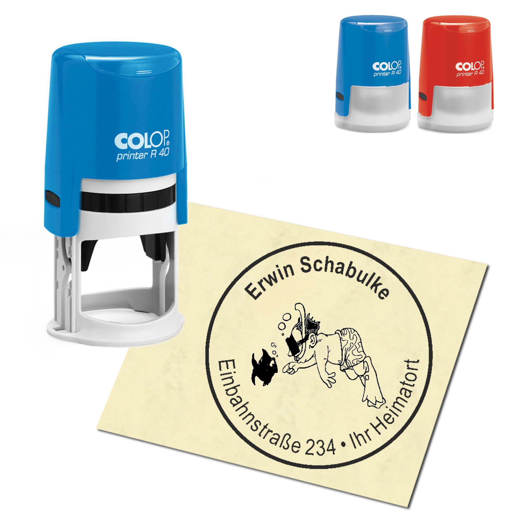 Stempel Adressstempel personalisiert - Schnorcheln mit Fisch - rund &empty; 40mm