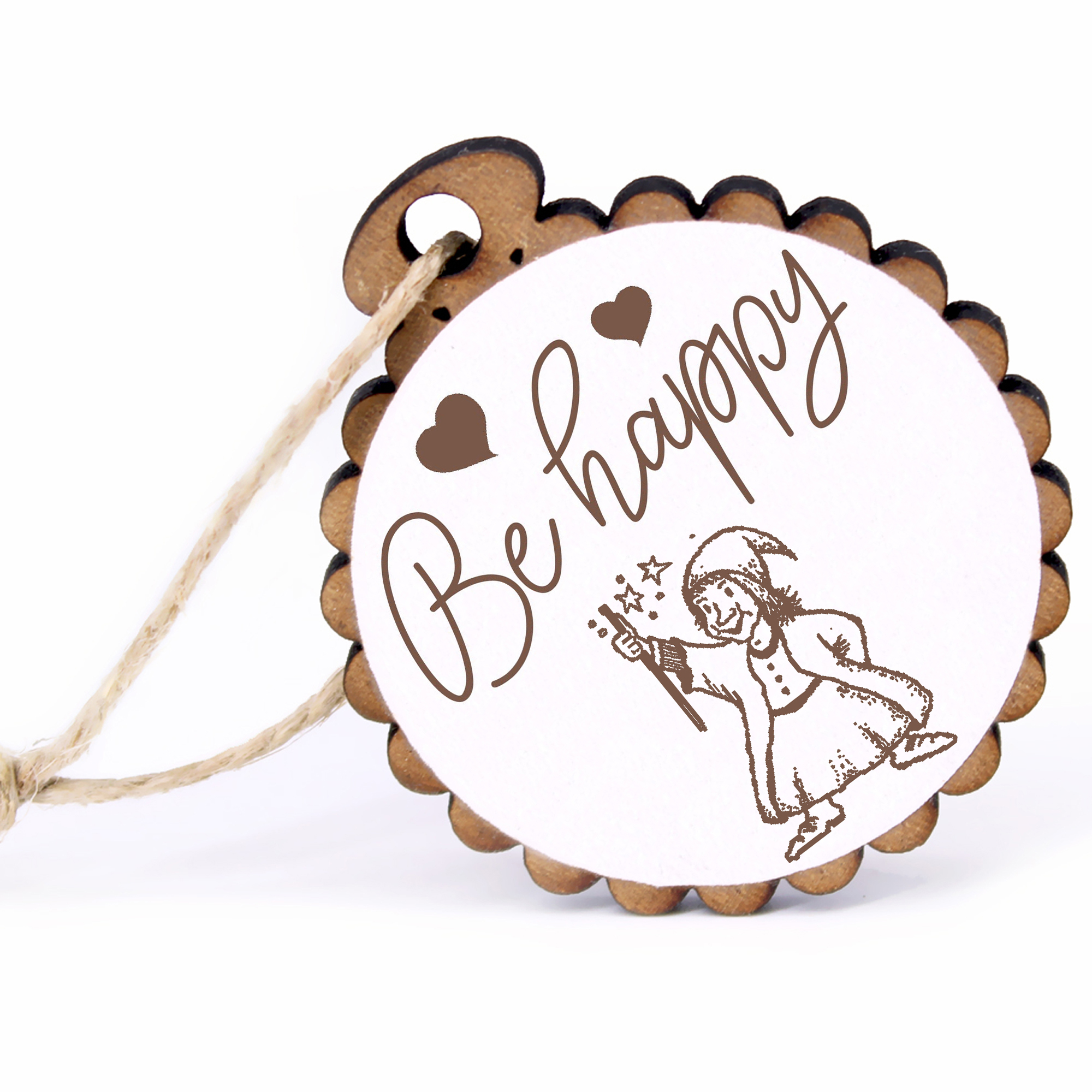 Geschenkanhänger - Be Happy Zauberer -  Holz Ø-5cm - mit Juteband