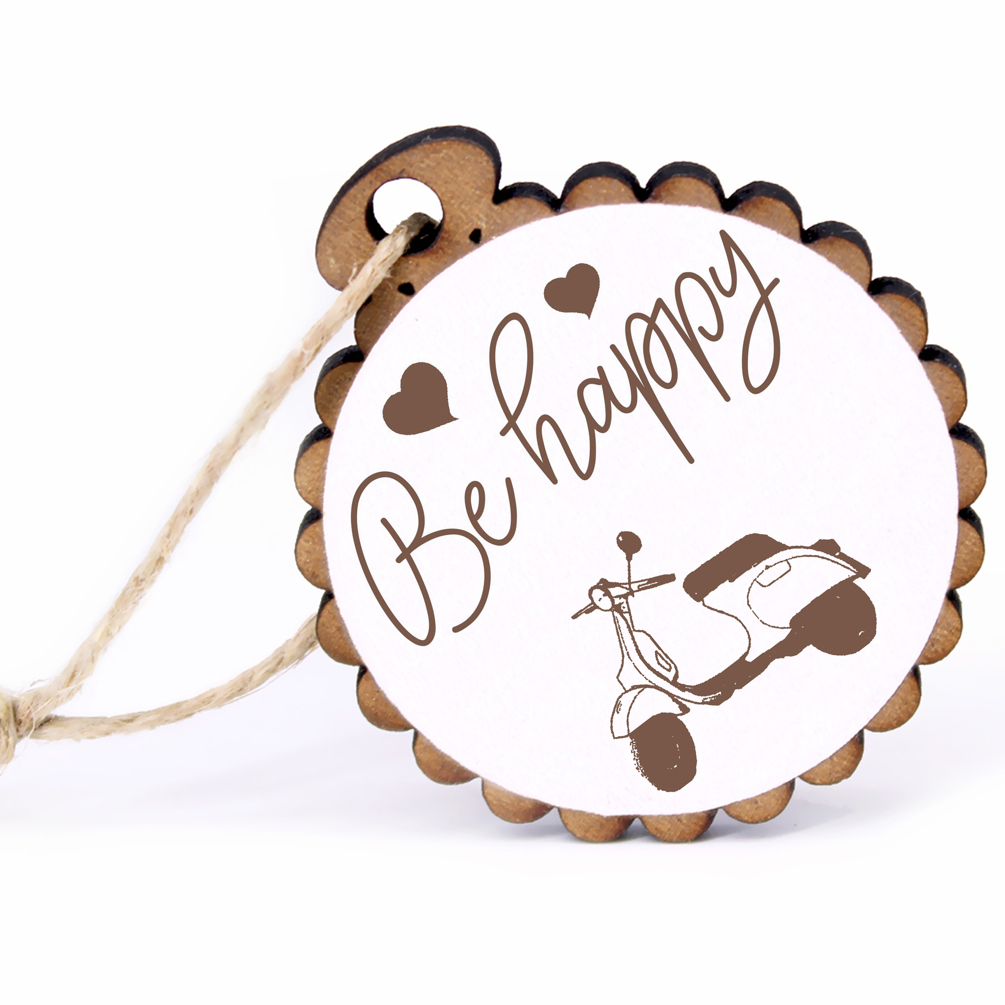 Geschenkanhänger - Be Happy Roller -  Holz Ø-5cm - mit Juteband