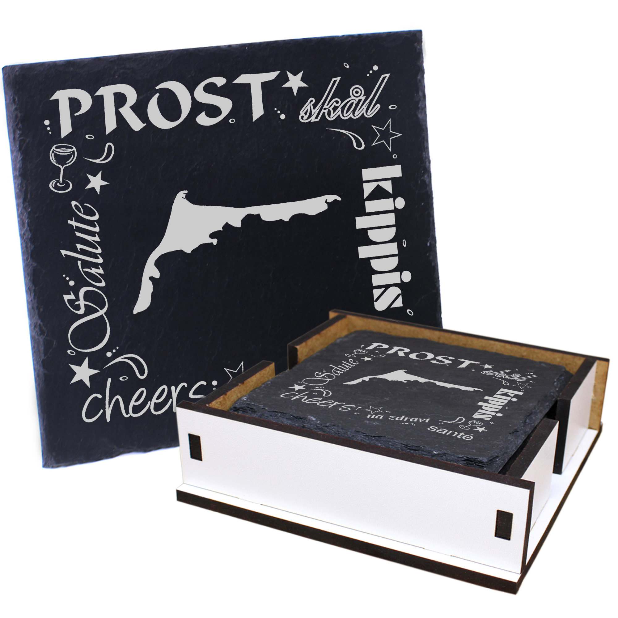5 x Schiefer Untersetzer - Prost Fischland Darß Zingst - inkl. Holzbox & Flaschenuntersetzer