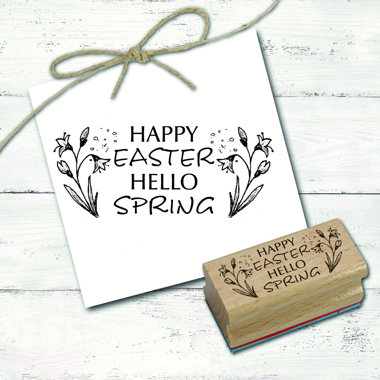 Motivstempel Happy Easter - Hello Spring Blumen - Stempel Holzstempel 68 x 28 mm