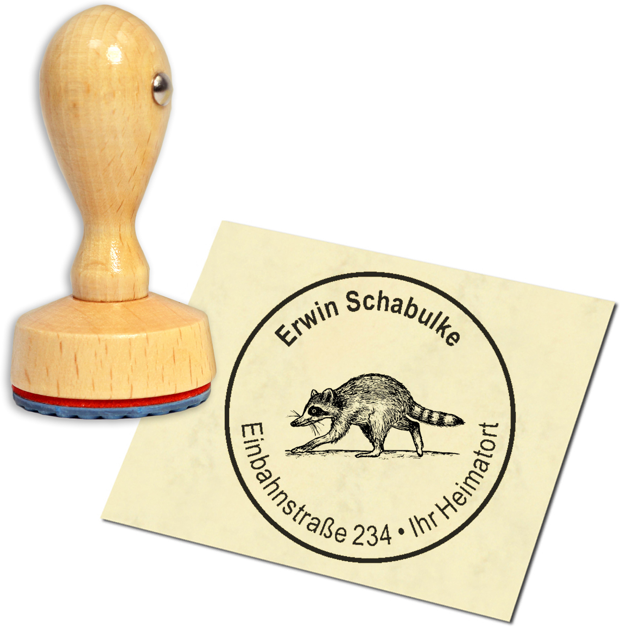 Stempel Adressstempel Holzstempel - gehender Waschbär - rund 40mm
