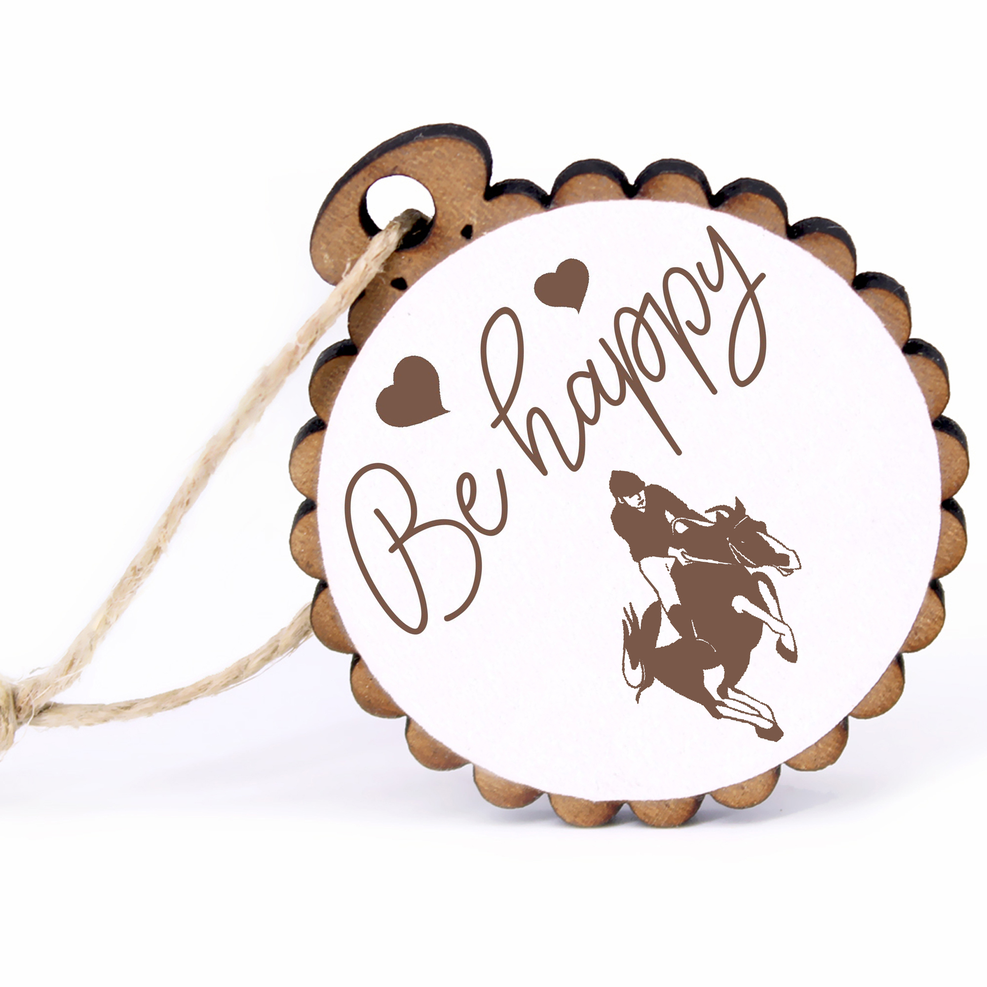 Geschenkanhänger - Be Happy Springreiten -  Holz Ø-5cm - mit Juteband