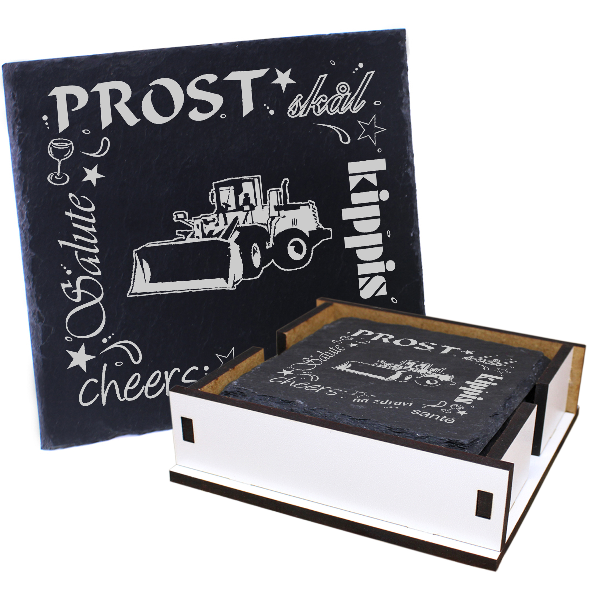 5 x Schiefer Untersetzer - Prost Radlader - inkl. Holzbox & Flaschenuntersetzer