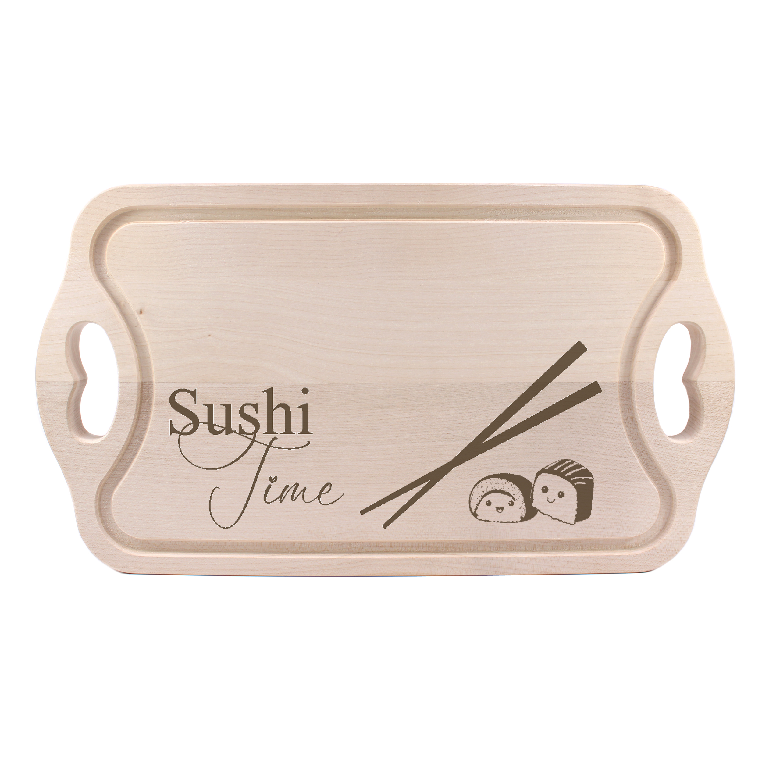 Sushi Brett aus Buchenholz graviert - Servierbrett Sushi Time mit Griffen - 38x22 cm