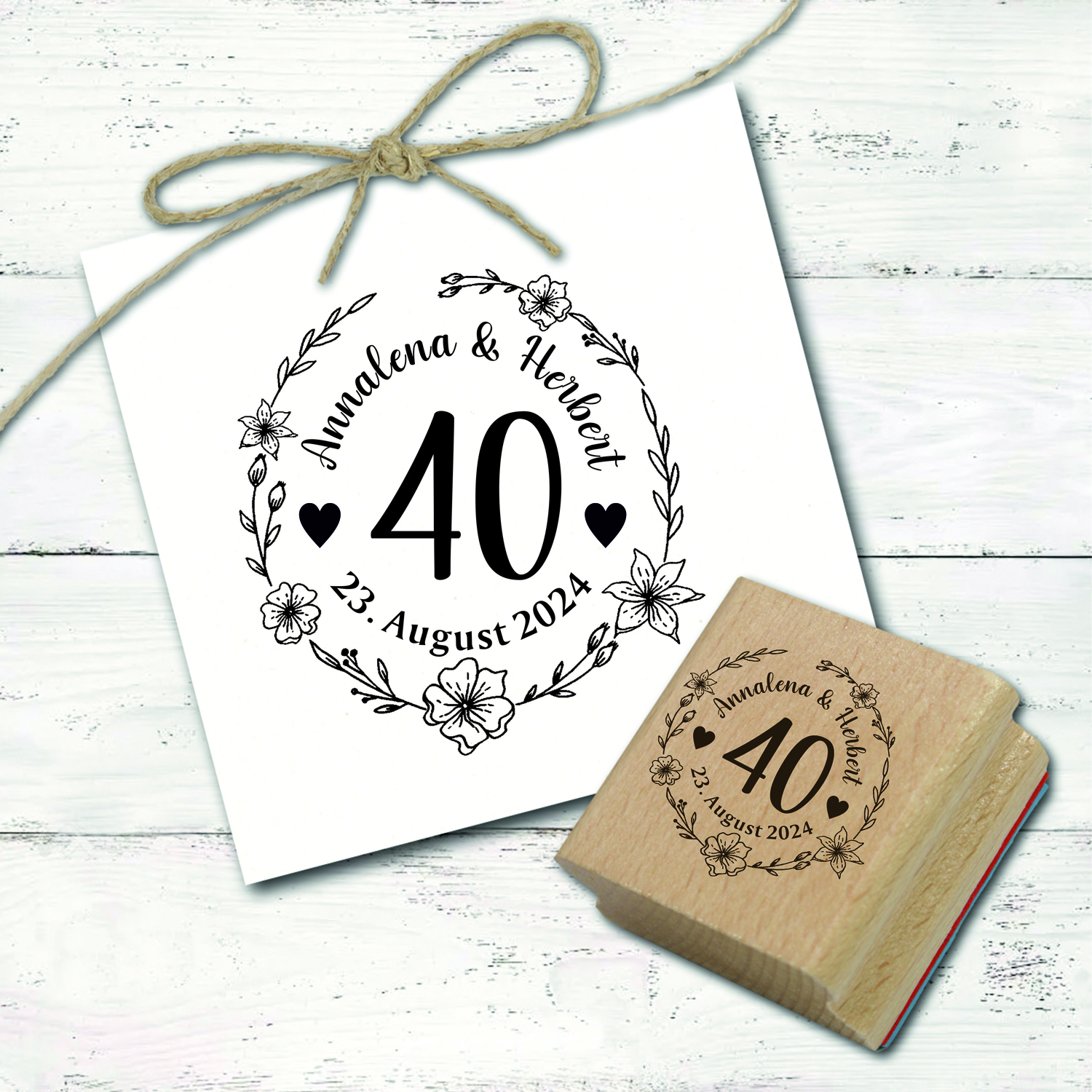 Motivstempel Hochzeit 40.  Hochzeitstag mit Namen, Datum und Zahl 40 Jahre - Blumen Kranz - Abdruck Ø 48 mm