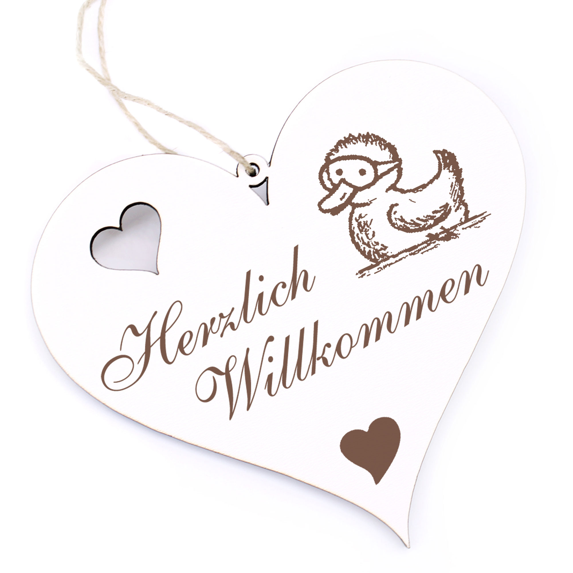 Herzlich Willkommen Schild - Ente mit Taucherbrille - Deko Herz Holz