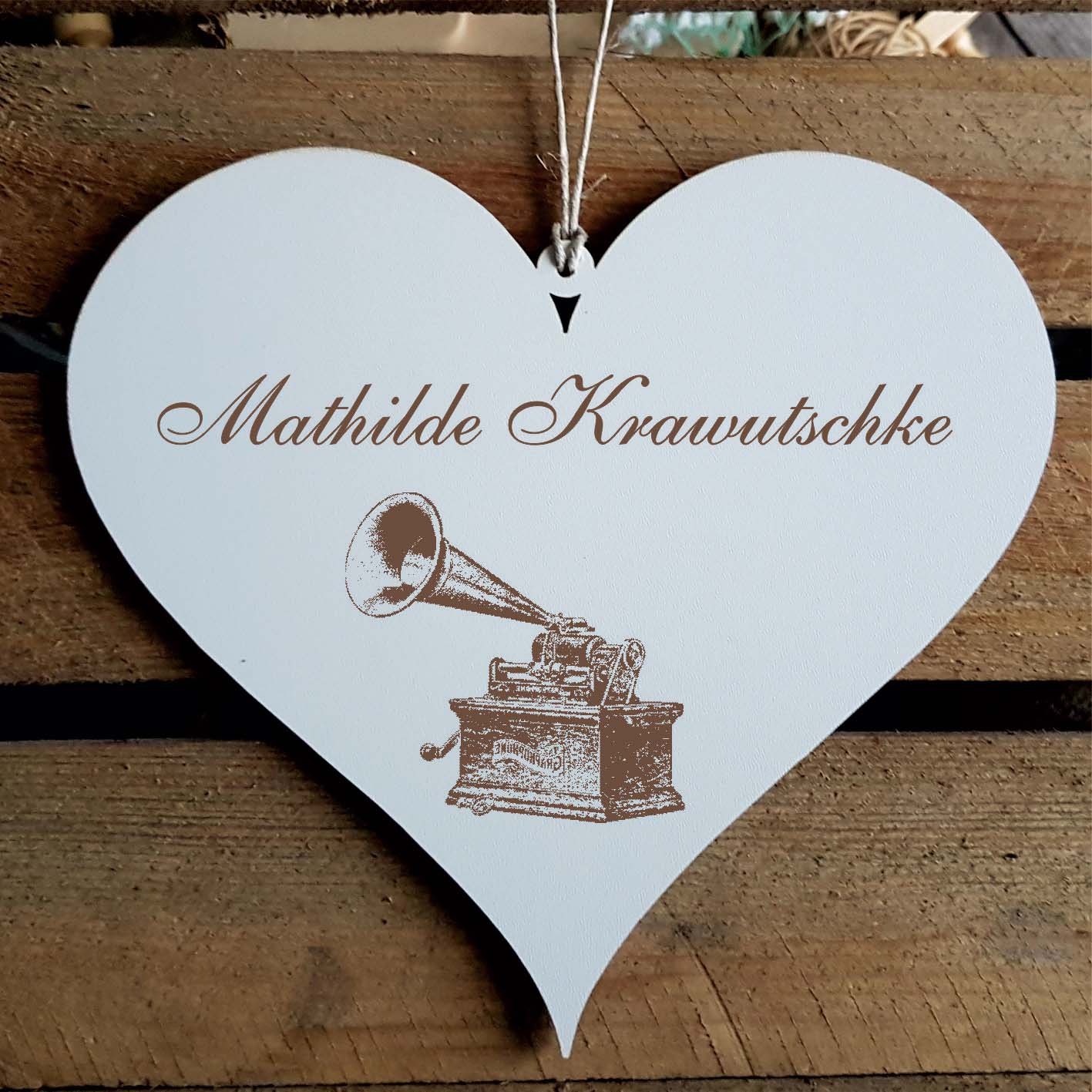 Herz Schild « Phonograph » mit Namen - Türschild zum Anhängen