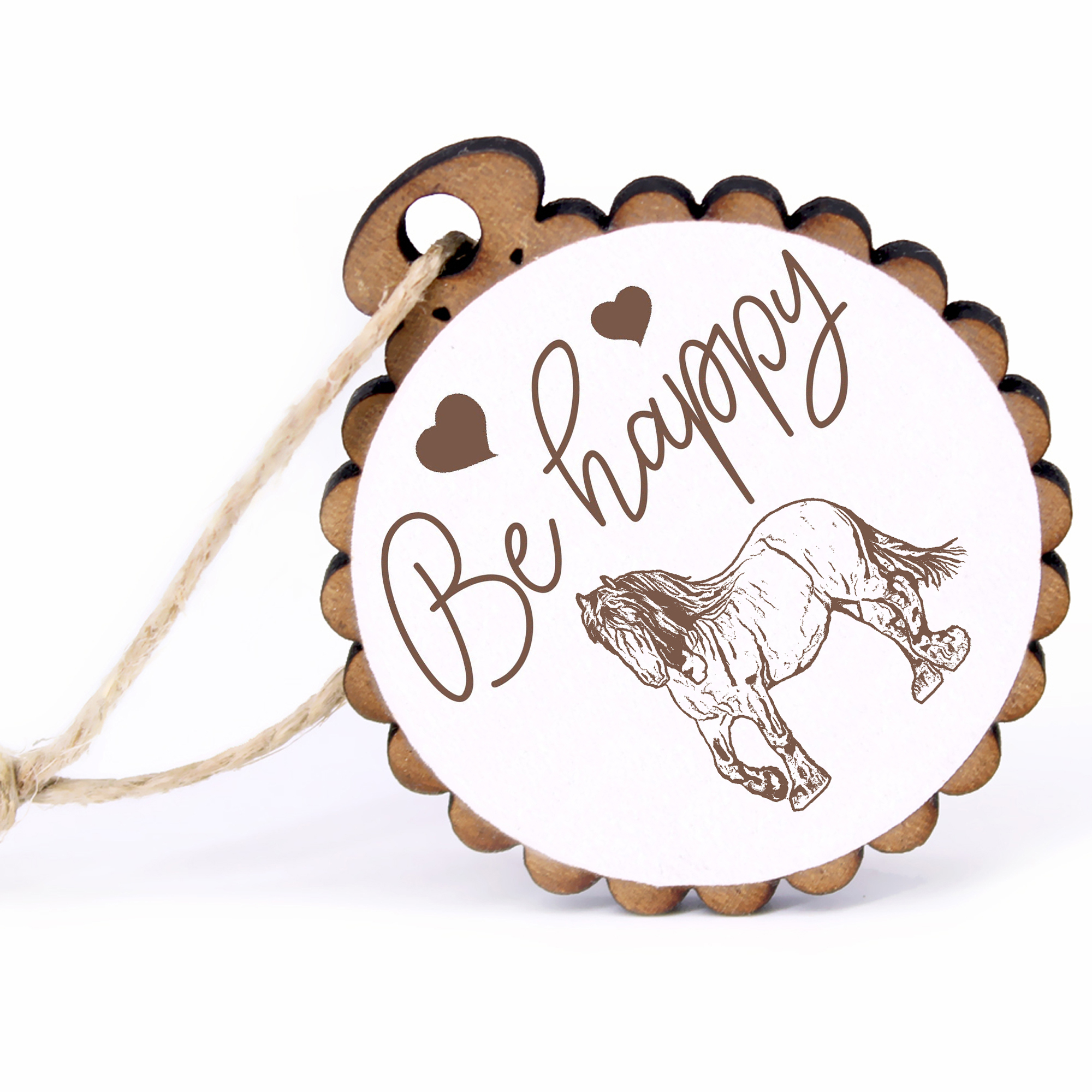 Geschenkanhänger - Be Happy Ardenner Pferd -  Holz Ø-5cm - mit Juteband