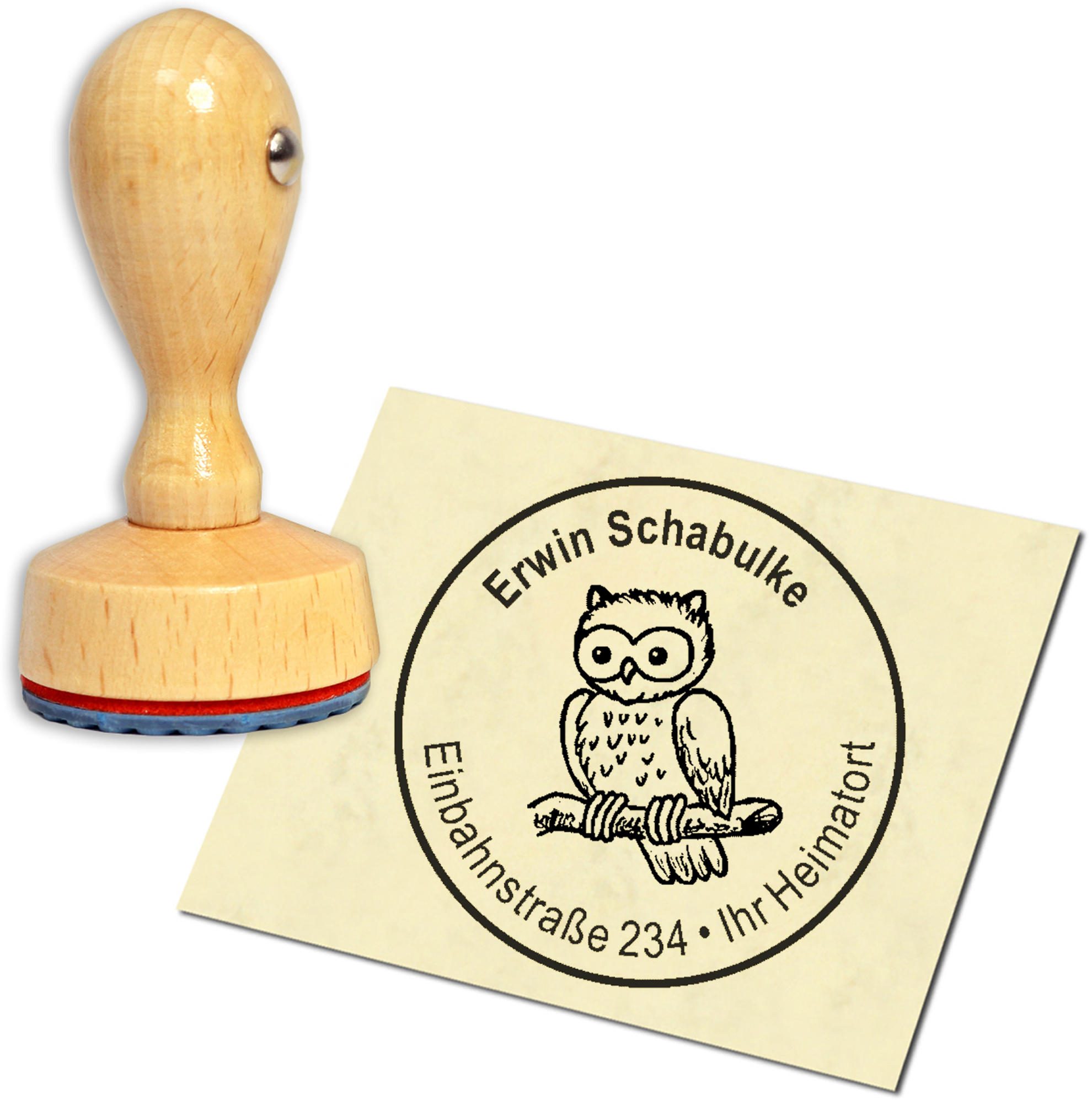 Stempel Adressstempel Holzstempel - niedliche Eule - rund 40mm