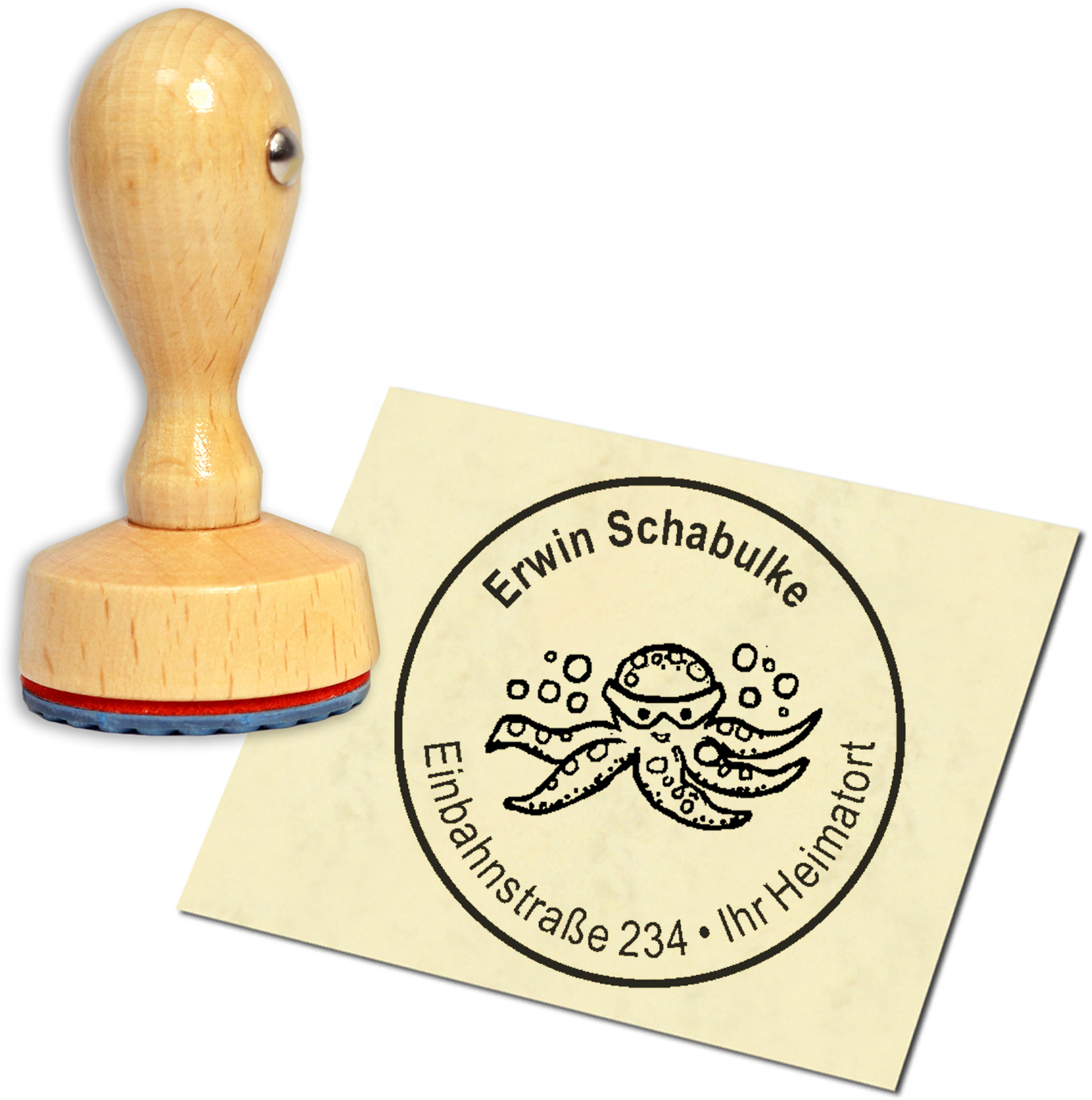 Stempel Adressstempel Holzstempel - Krake mit Taucherbrille - rund 40mm