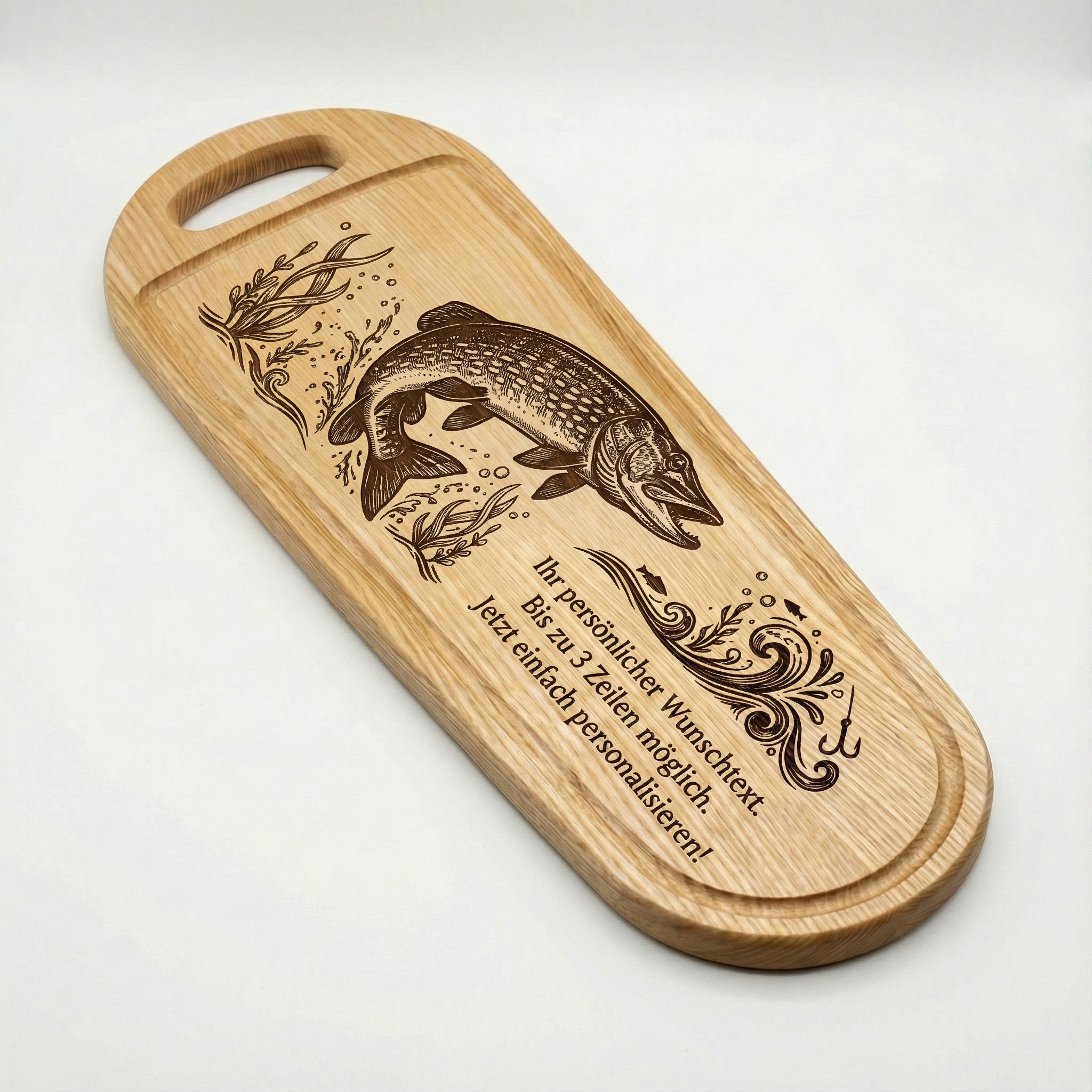 XXL Fisch Schneidebrett aus Esche mit Gravur – Hecht –  60x20cm - Angler Griller Koch