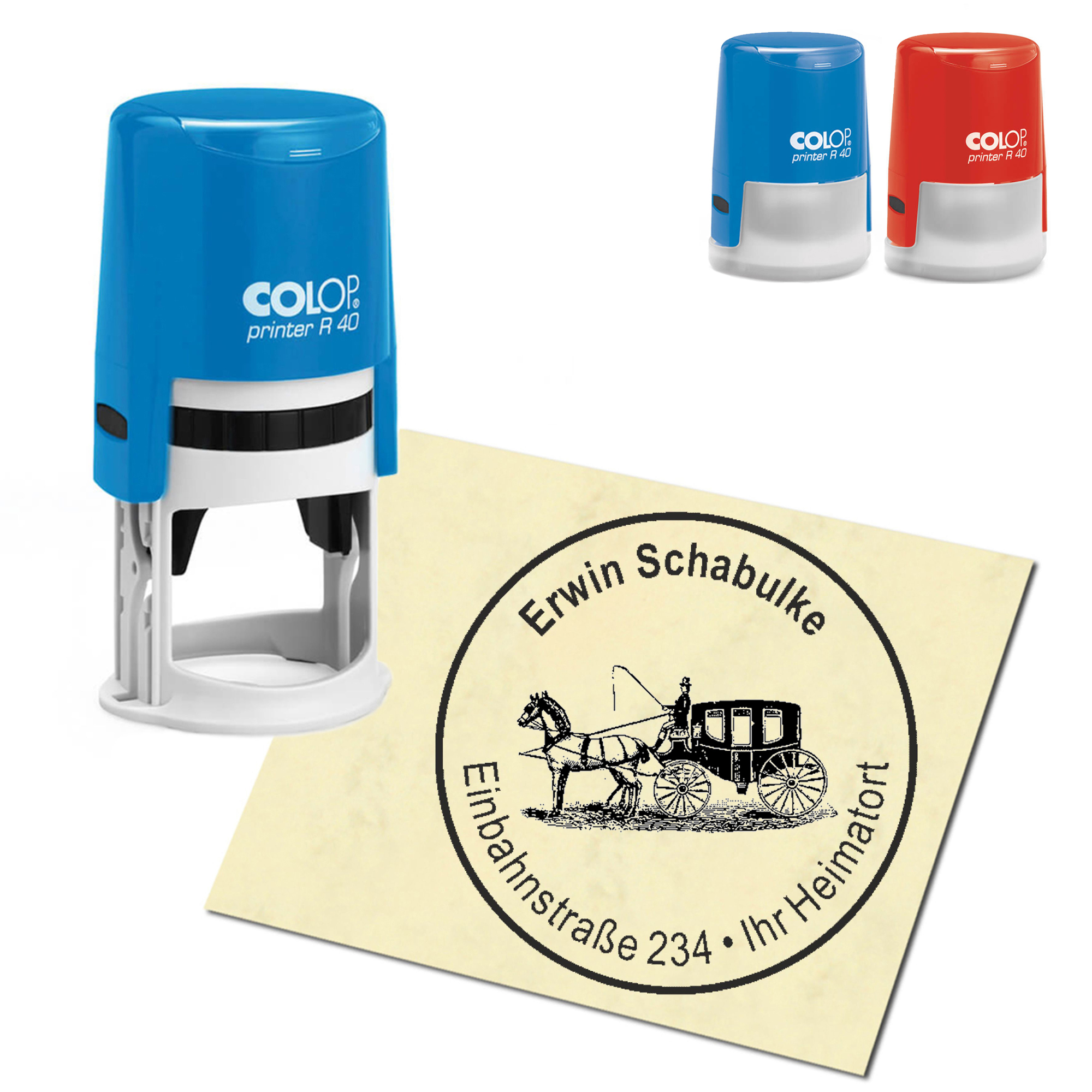 Stempel Adressstempel personalisiert - Pferdekutsche - rund &empty; 40mm