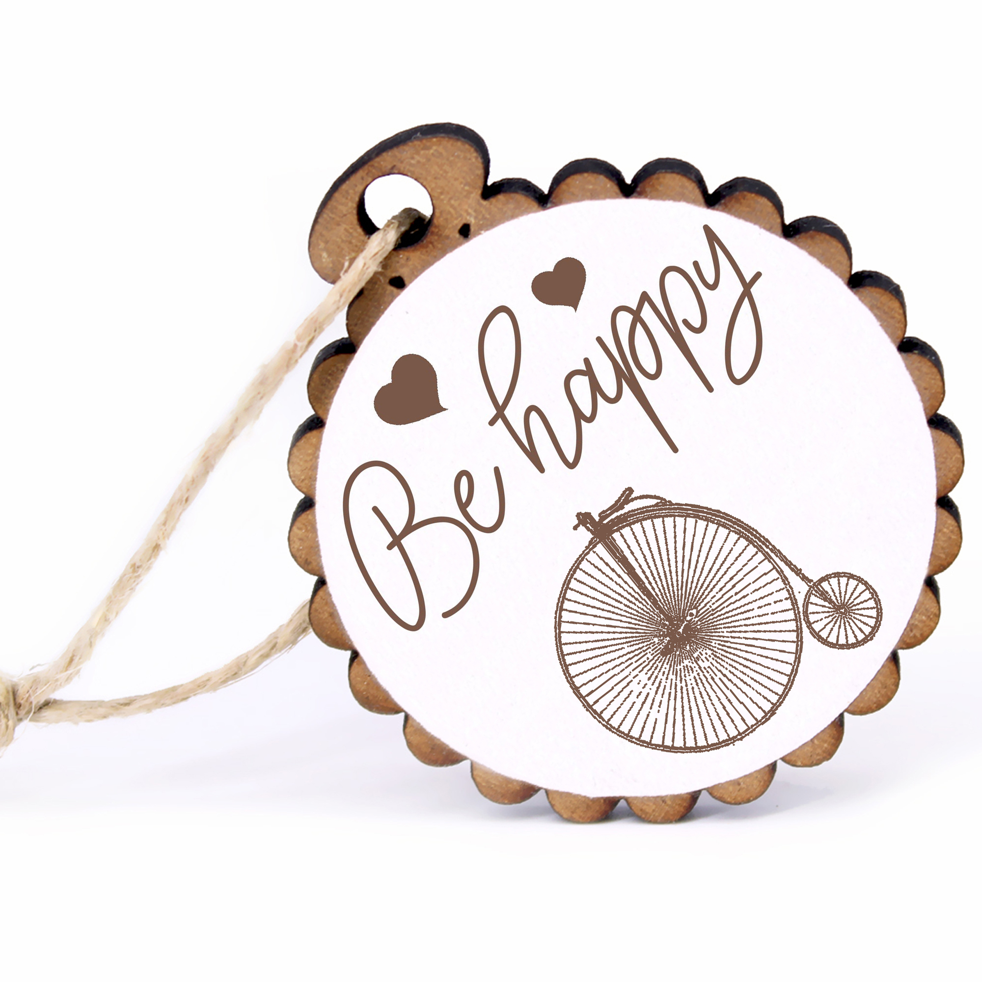 Geschenkanhänger - Be Happy altes Hochrad -  Holz Ø-5cm - mit Juteband
