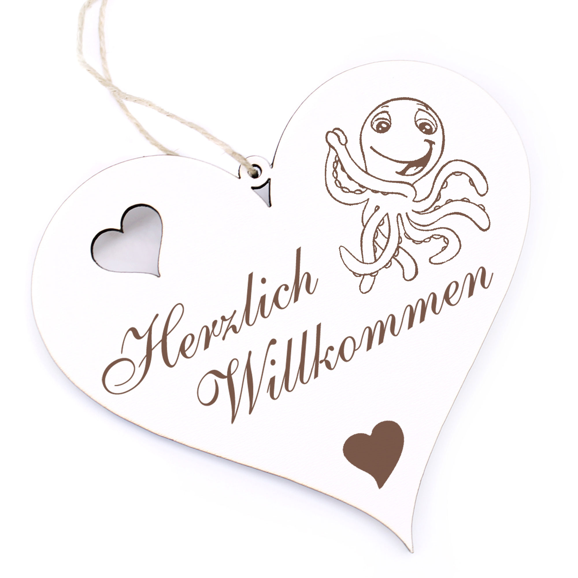 Herzlich Willkommen Schild - lachende Krake - Deko Herz Holz