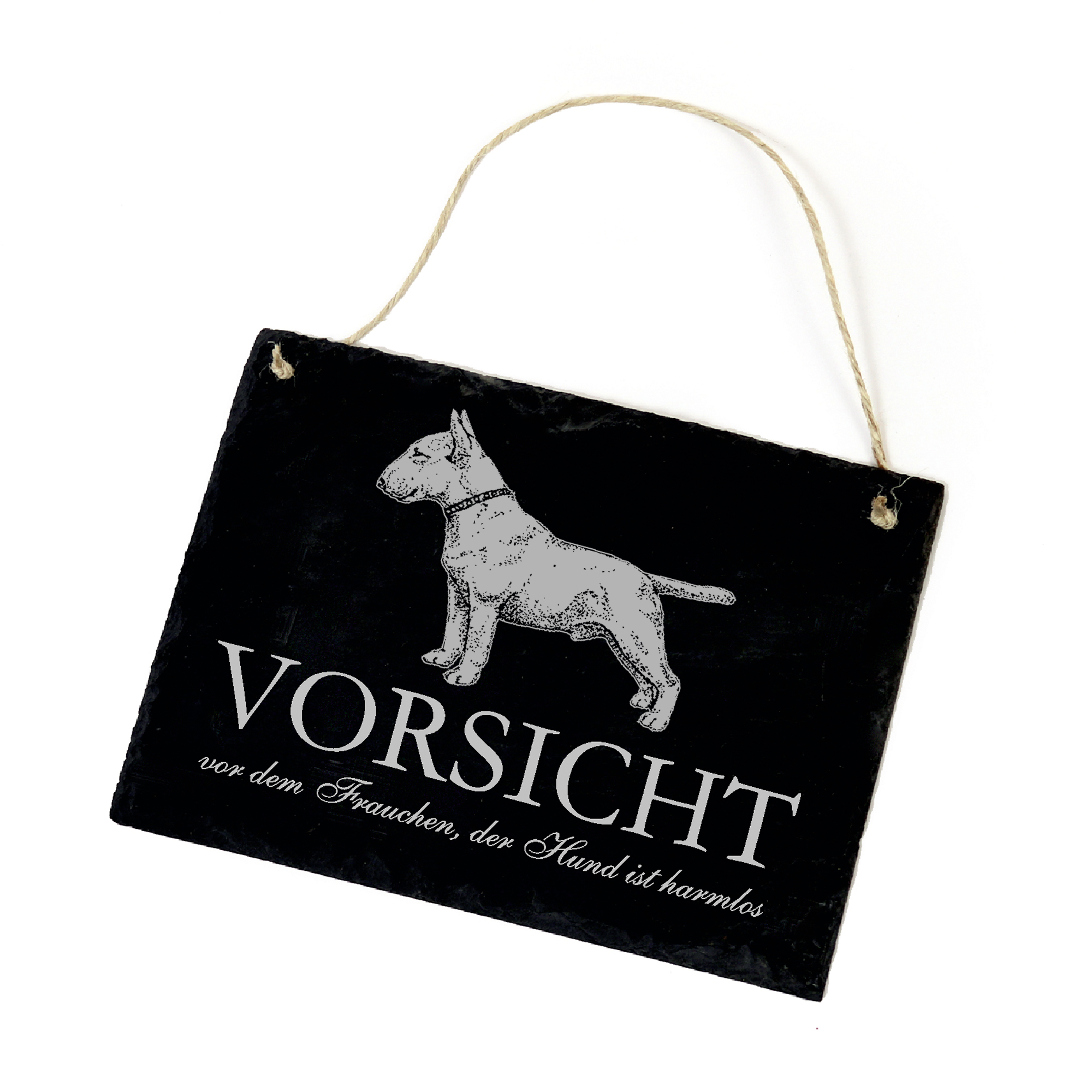 Hundeschild Bullterrier Schild aus Schiefer - Vorsicht vor dem Frauchen - 22cm x 16cm