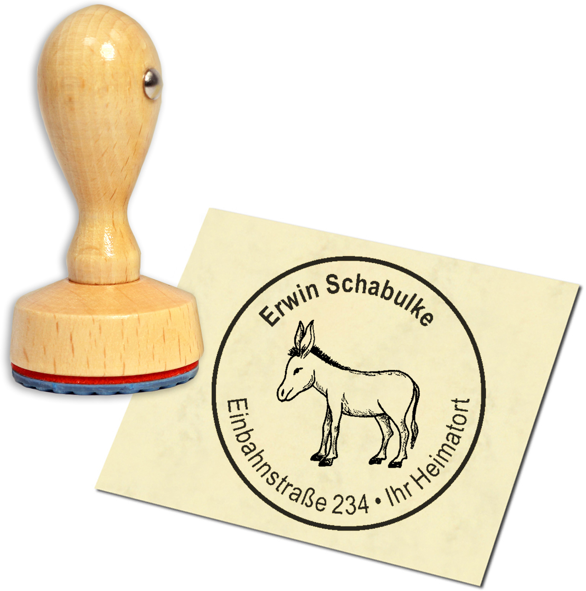 Stempel Adressstempel Holzstempel - niedlicher Esel - rund 40mm
