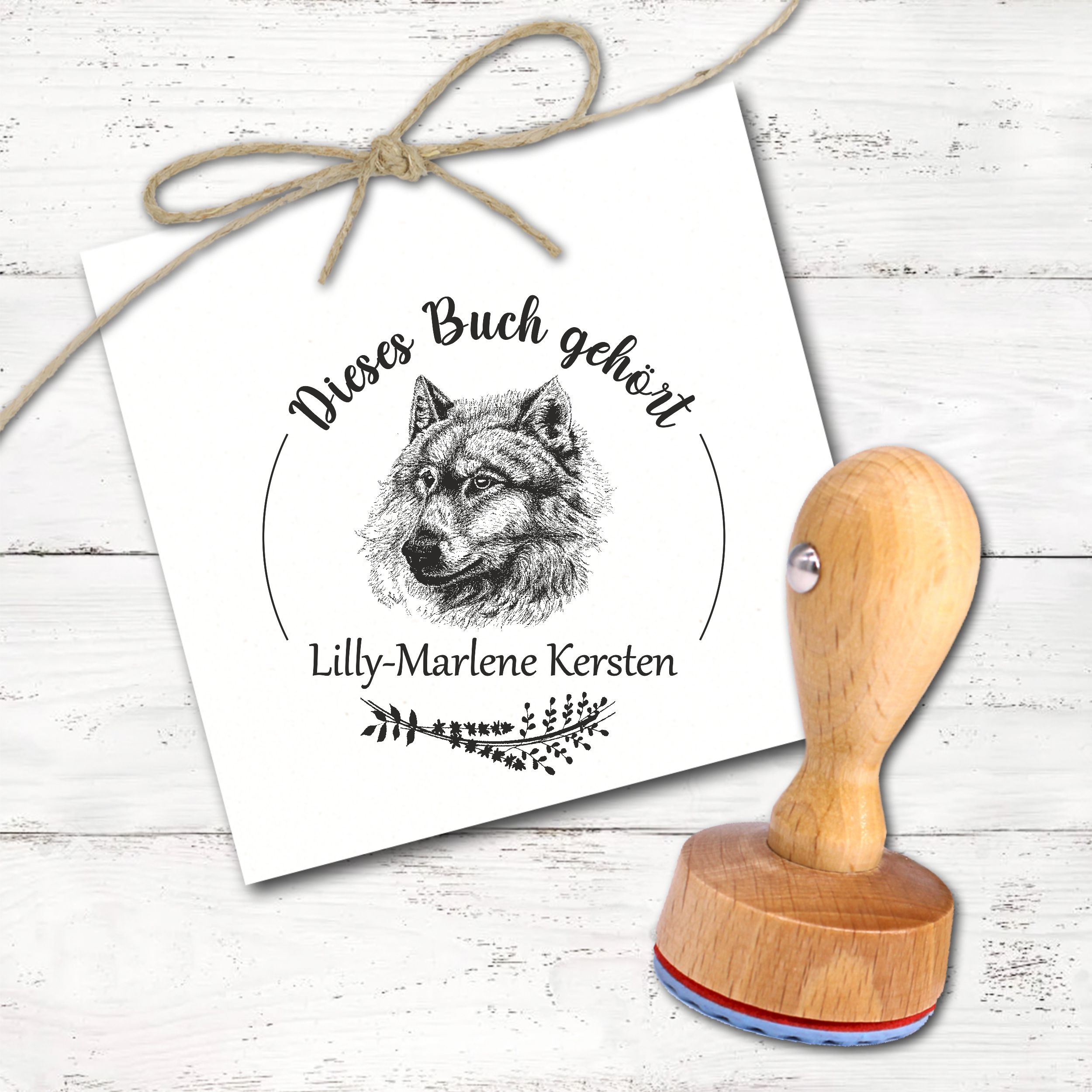 Ex Libris Stempel personalisiert mit Namen Motiv Wolfsspitz - Bücherstempel individuell - für Kinder, Schule & Lehrer - Ø 38 mm