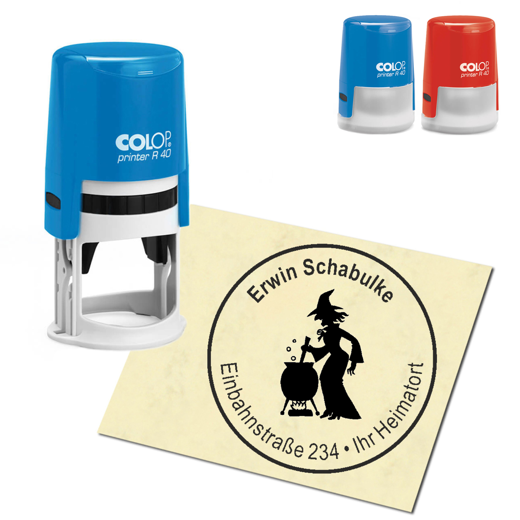 Stempel Adressstempel personalisiert - Hexe am Kessel - rund &empty; 40mm