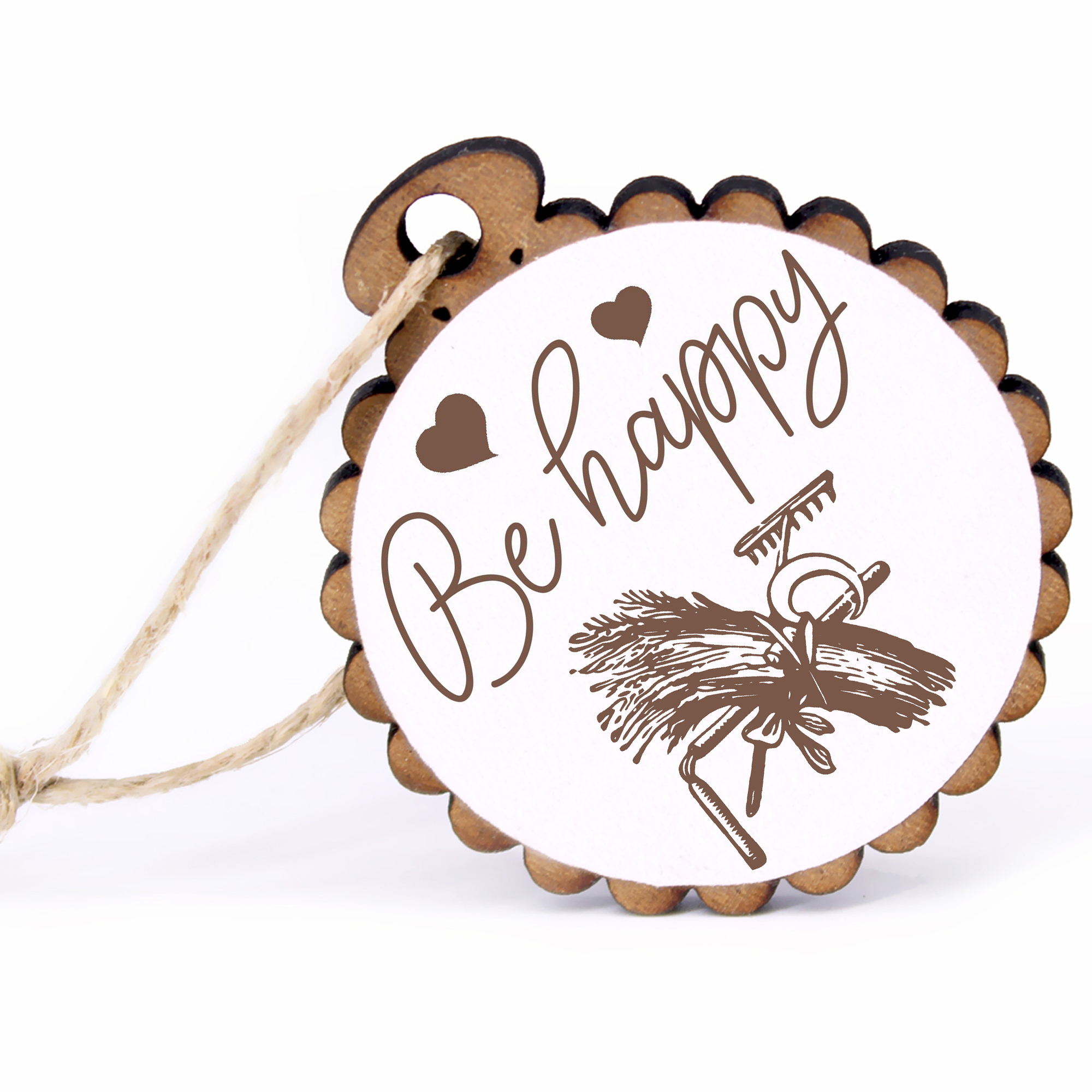 Geschenkanhänger - Be Happy Bauer -  Holz Ø-5cm - mit Juteband