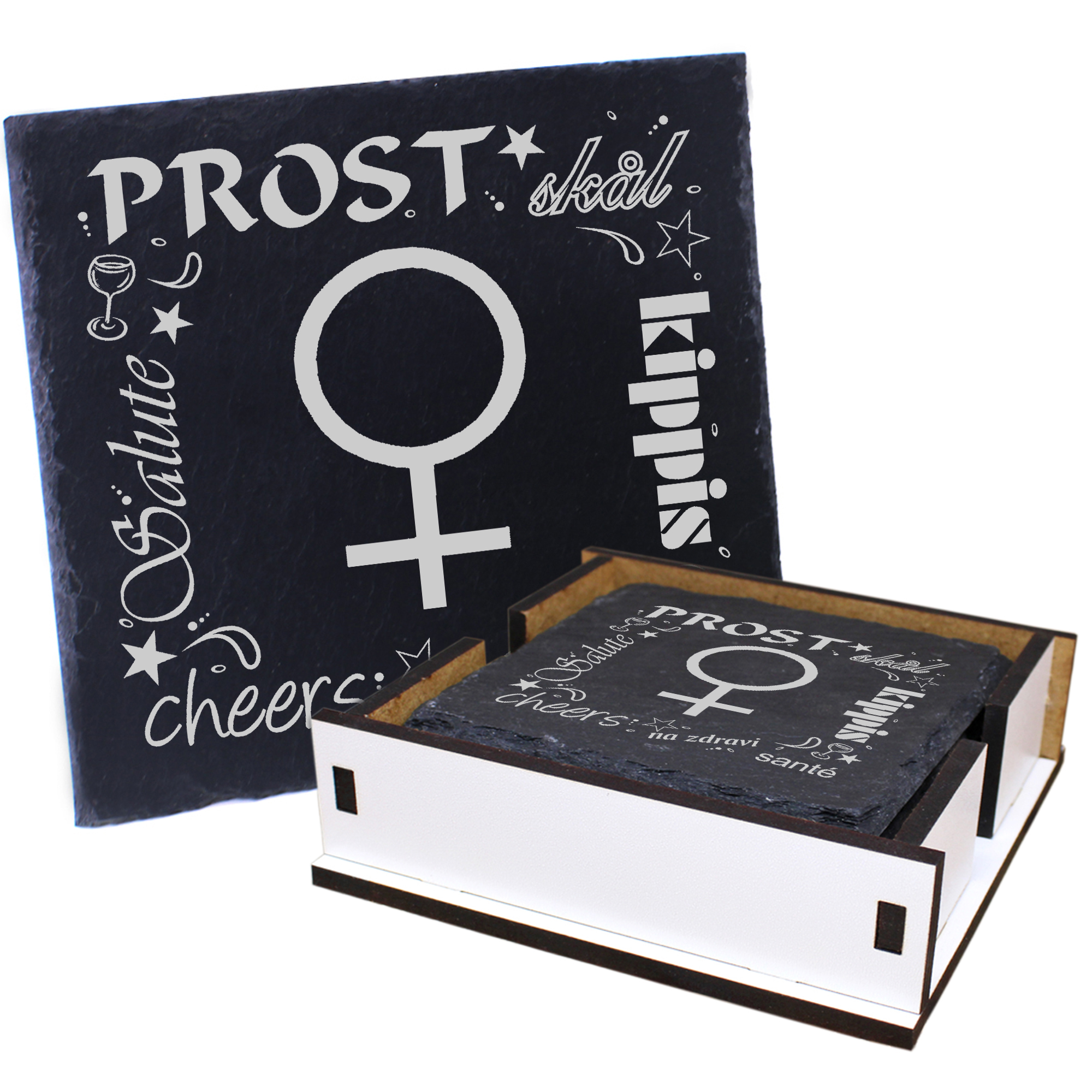 5 x Schiefer Untersetzer - Prost Frau Symbol - inkl. Holzbox & Flaschenuntersetzer