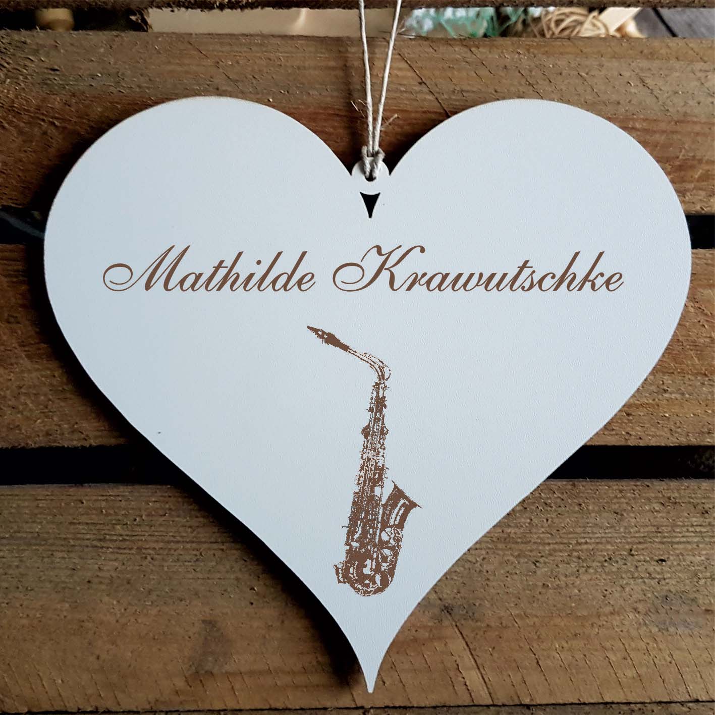 Herz Schild « Saxofon » mit Namen - Türschild zum Anhängen
