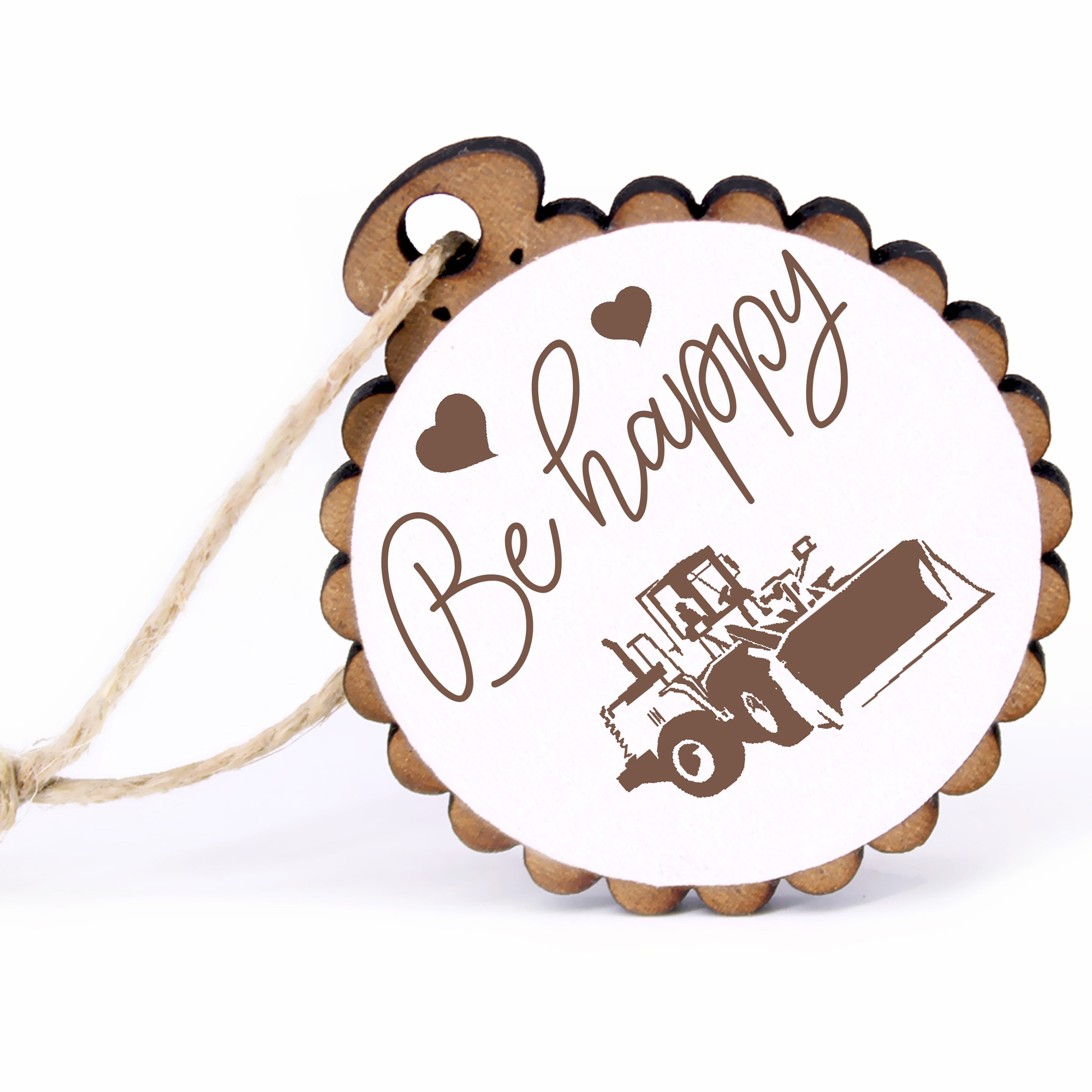 Geschenkanhänger - Be Happy Radlader -  Holz Ø-5cm - mit Juteband