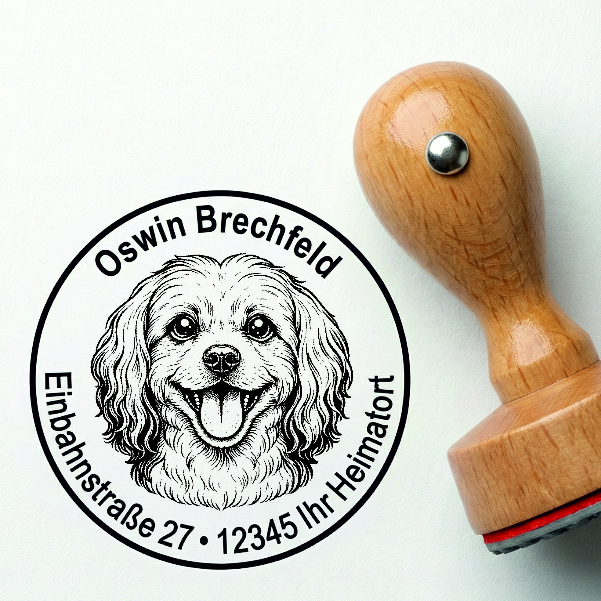 Stempel Malteser personalisiert – Hund Holzstempel mit Name & Adresse