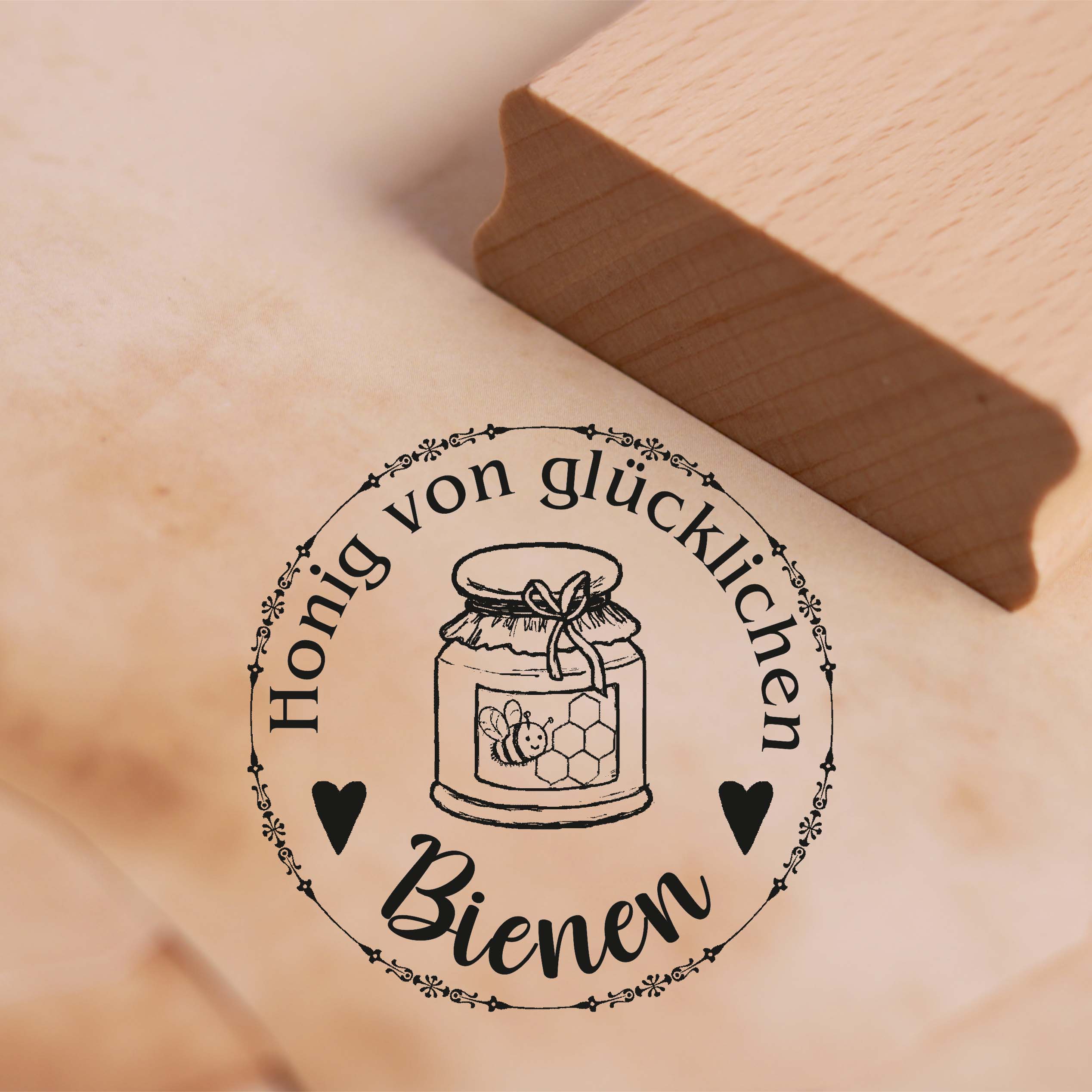 Motivstempel Honig von glücklichen Bienen - Imker Stempel Honigglas Etikett 68 x 68 mm