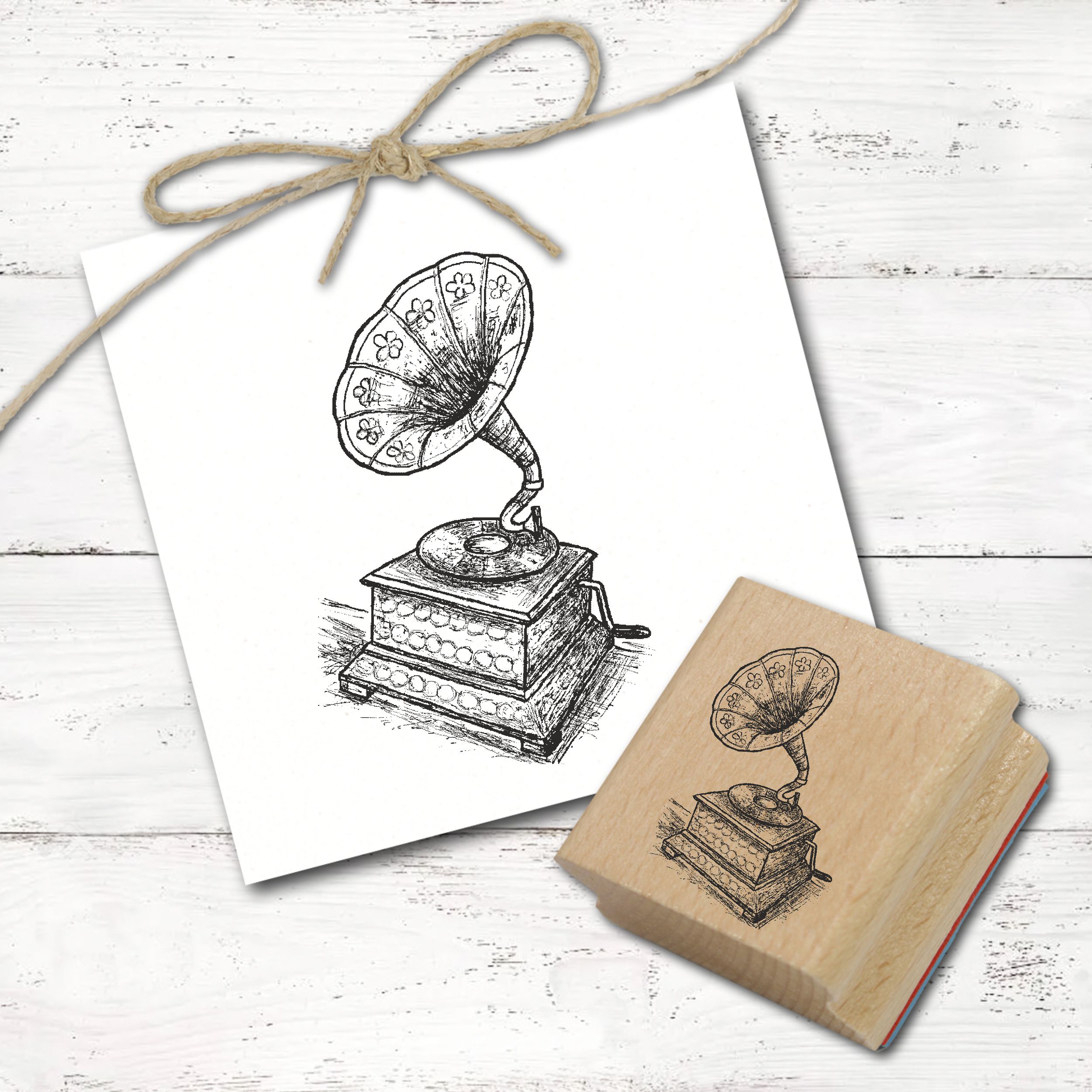 Motivstempel Vintage Grammophon - Stempel Holzstempel 38 x 58 mm