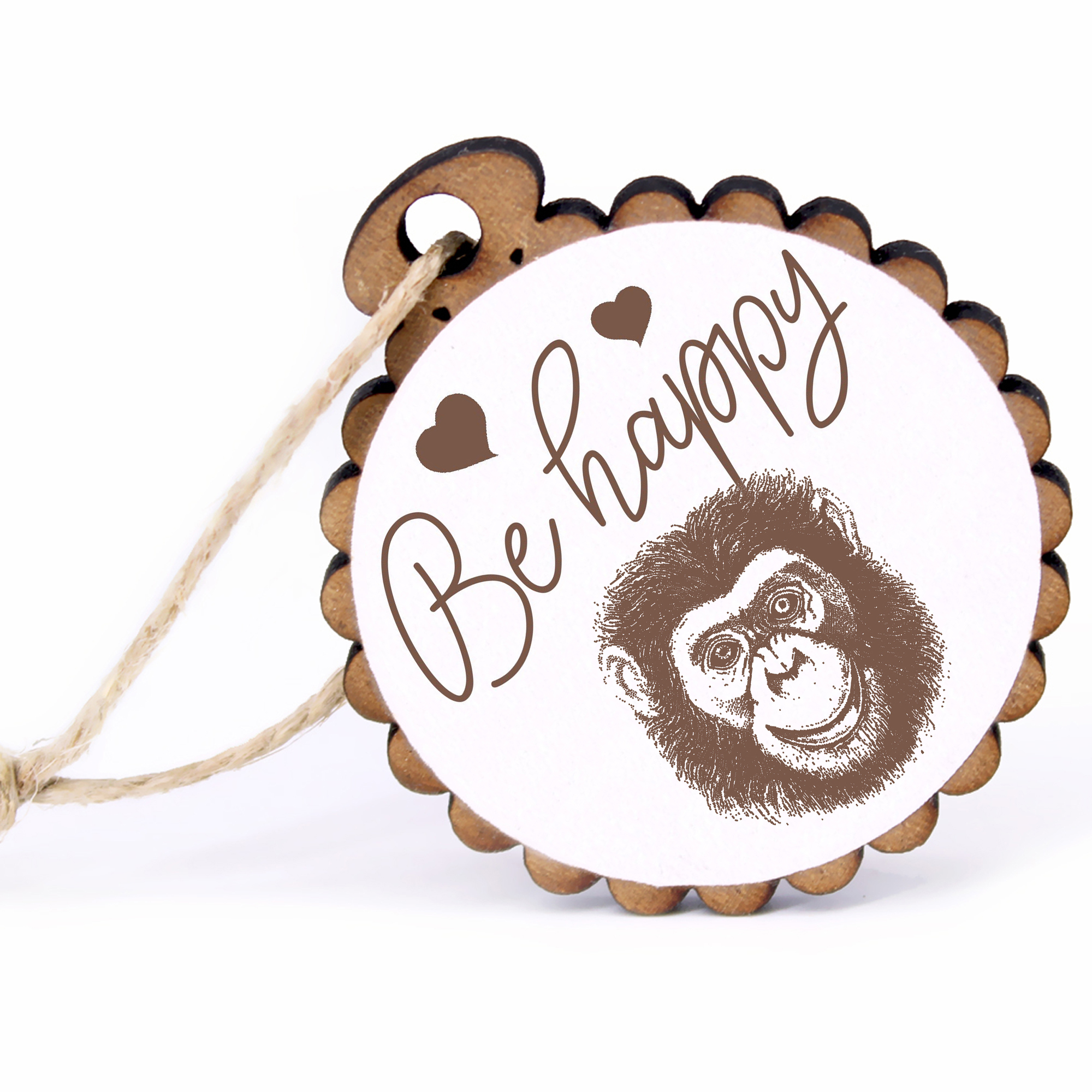 Geschenkanhänger - Be Happy Affe Schimpanse Kopf  -  Holz Ø-5cm - mit Juteband
