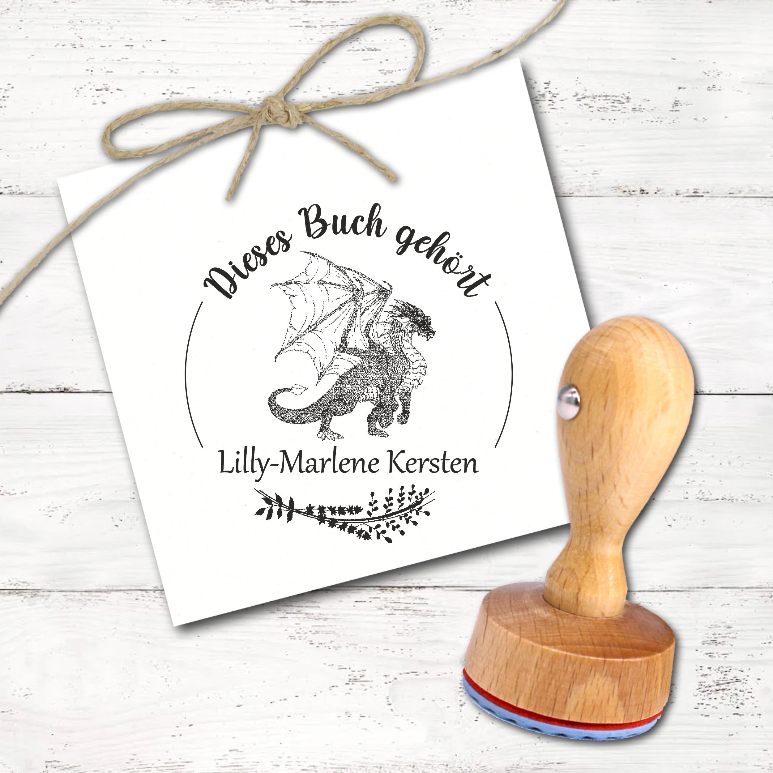 Ex Libris Stempel personalisiert mit Namen Motiv Drache - Bücherstempel individuell - für Kinder, Schule & Lehrer - Ø 38 mm 