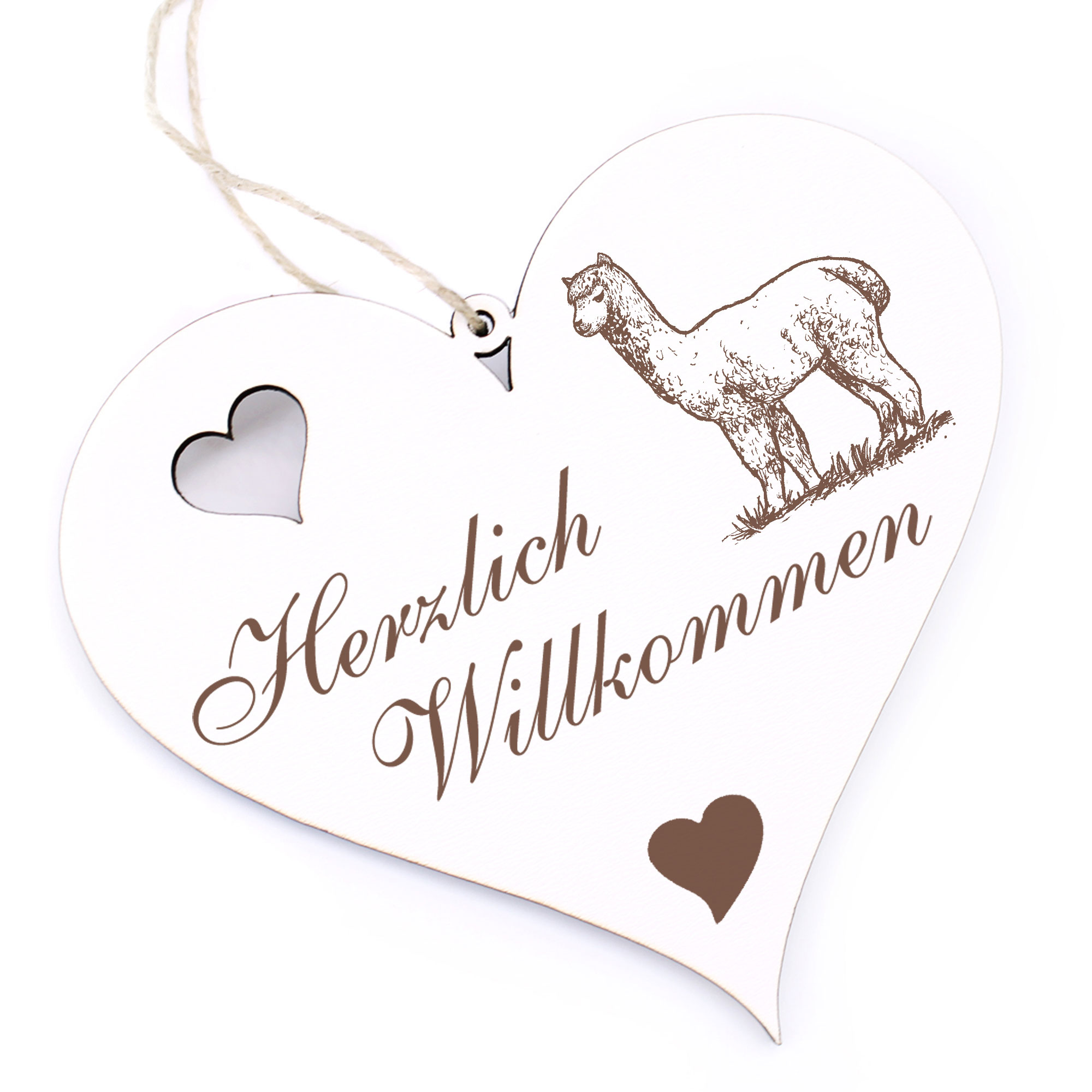 Herzlich Willkommen Schild - Alpaka Lama auf einer Wiese - Deko Herz Holz