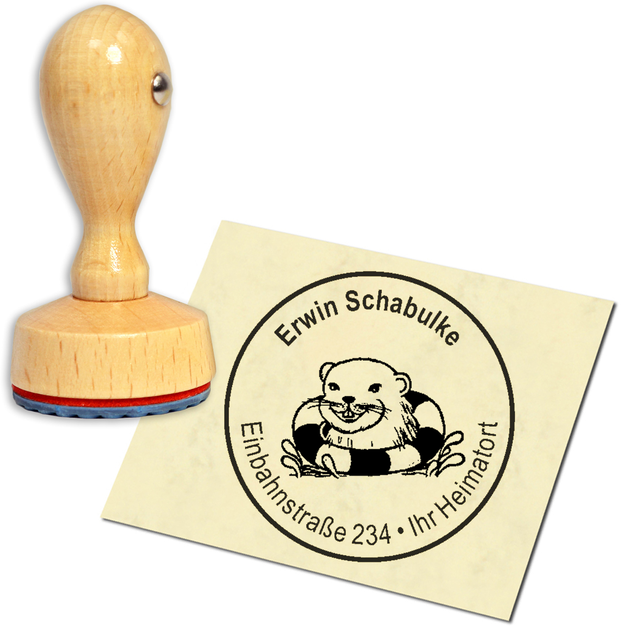 Stempel Adressstempel Holzstempel - Robbenkopf mit Schwimmreifen - rund 40mm