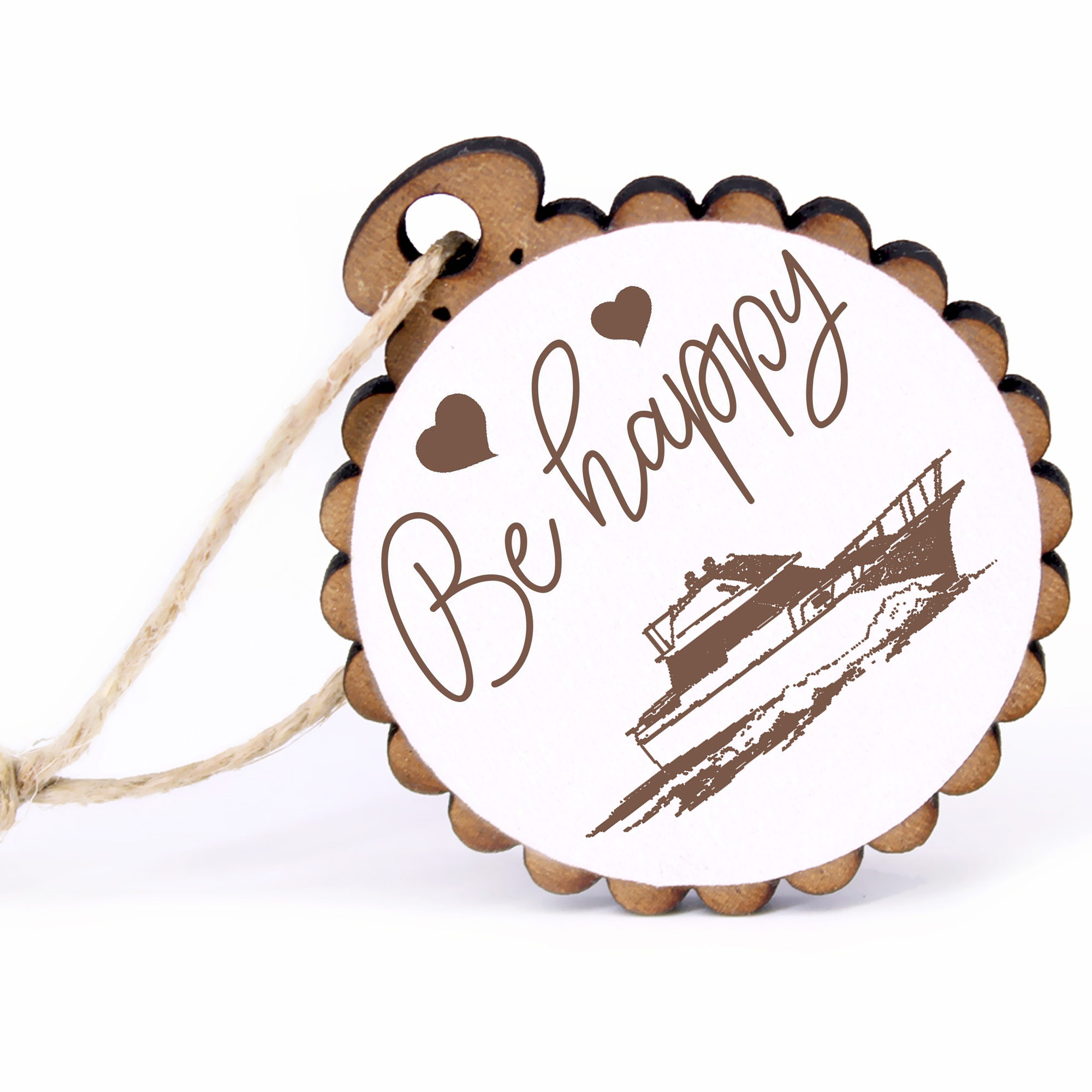 Geschenkanhänger - Be Happy Jacht -  Holz Ø-5cm - mit Juteband