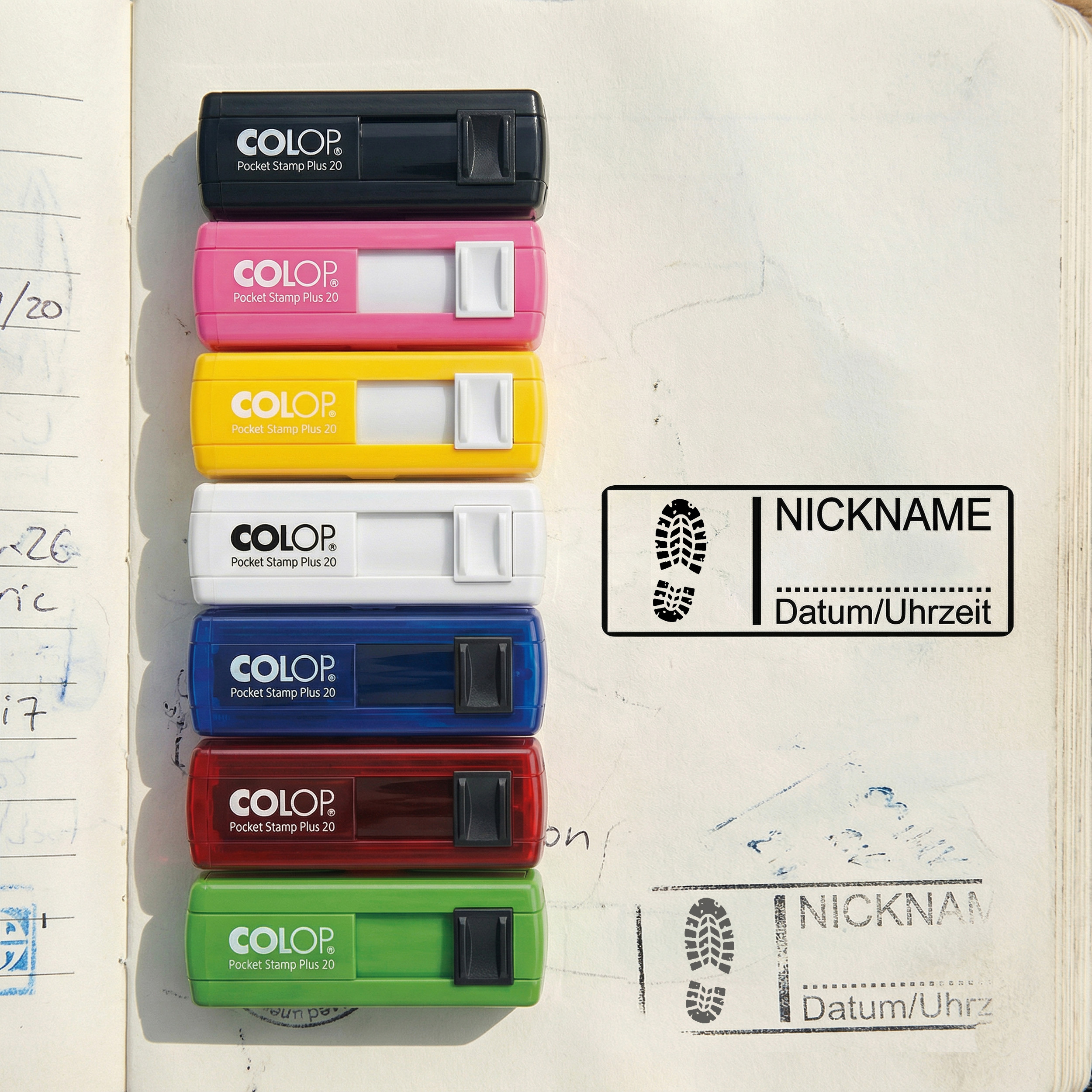 Geocachingstempel Schuhabdruck 35x13 mm – personalisierter Taschenstempel – für Geocaching