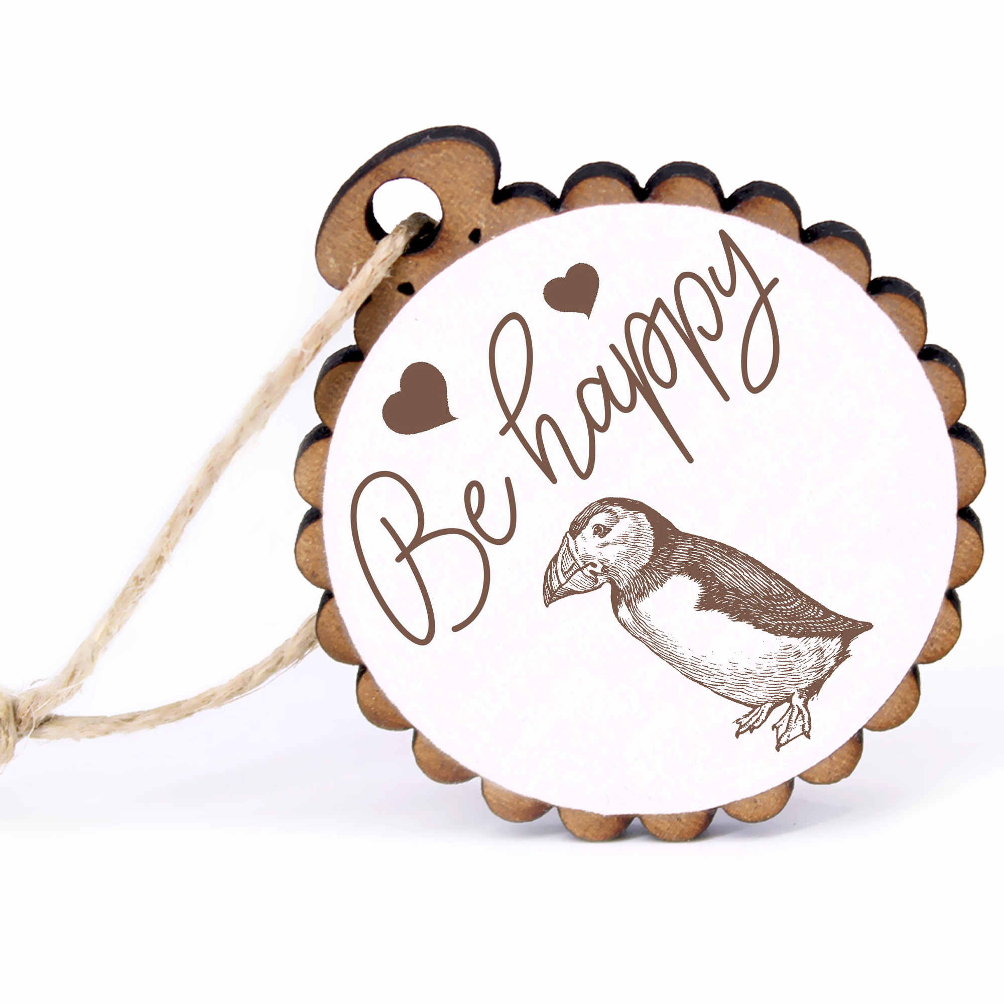 Geschenkanhänger - Be Happy Puffin Papageitaucher -  Holz Ø-5cm - mit Juteband