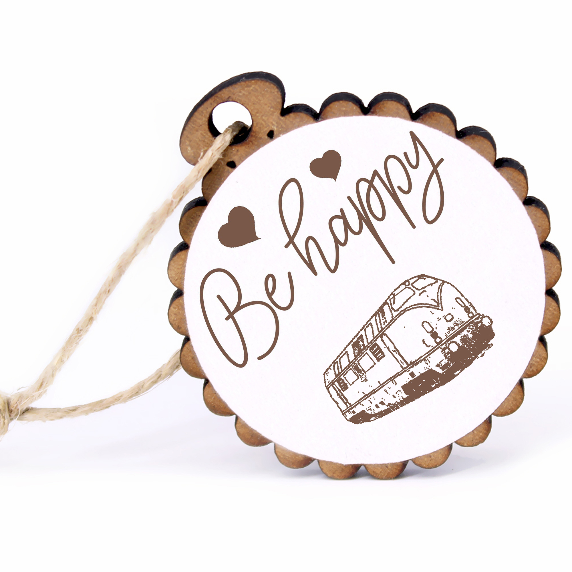 Geschenkanhänger - Be Happy alte Eisenbahn -  Holz Ø-5cm - mit Juteband