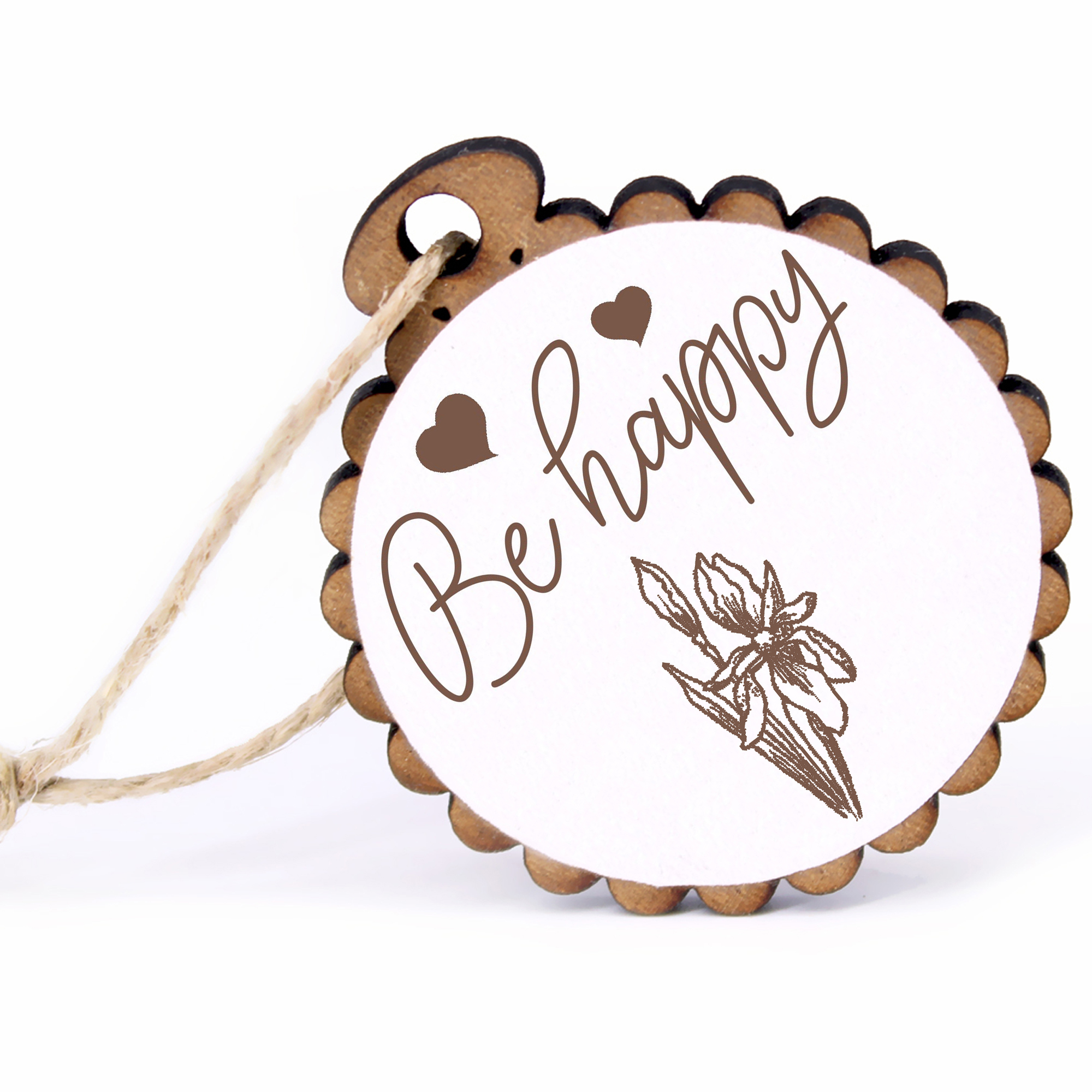 Geschenkanhänger - Be Happy Iris -  Holz Ø-5cm - mit Juteband