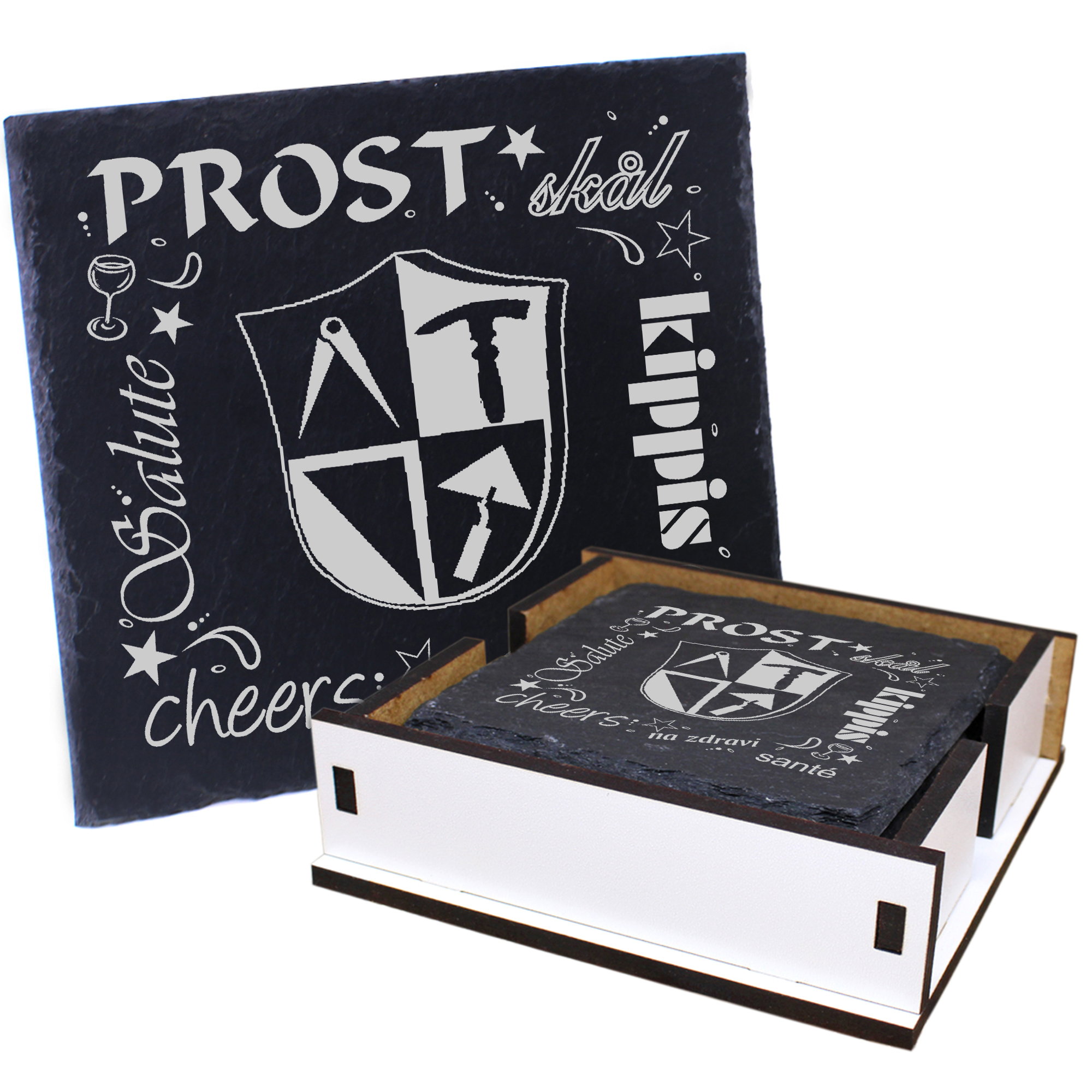 5 x Schiefer Untersetzer - Prost Bau - inkl. Holzbox & Flaschenuntersetzer