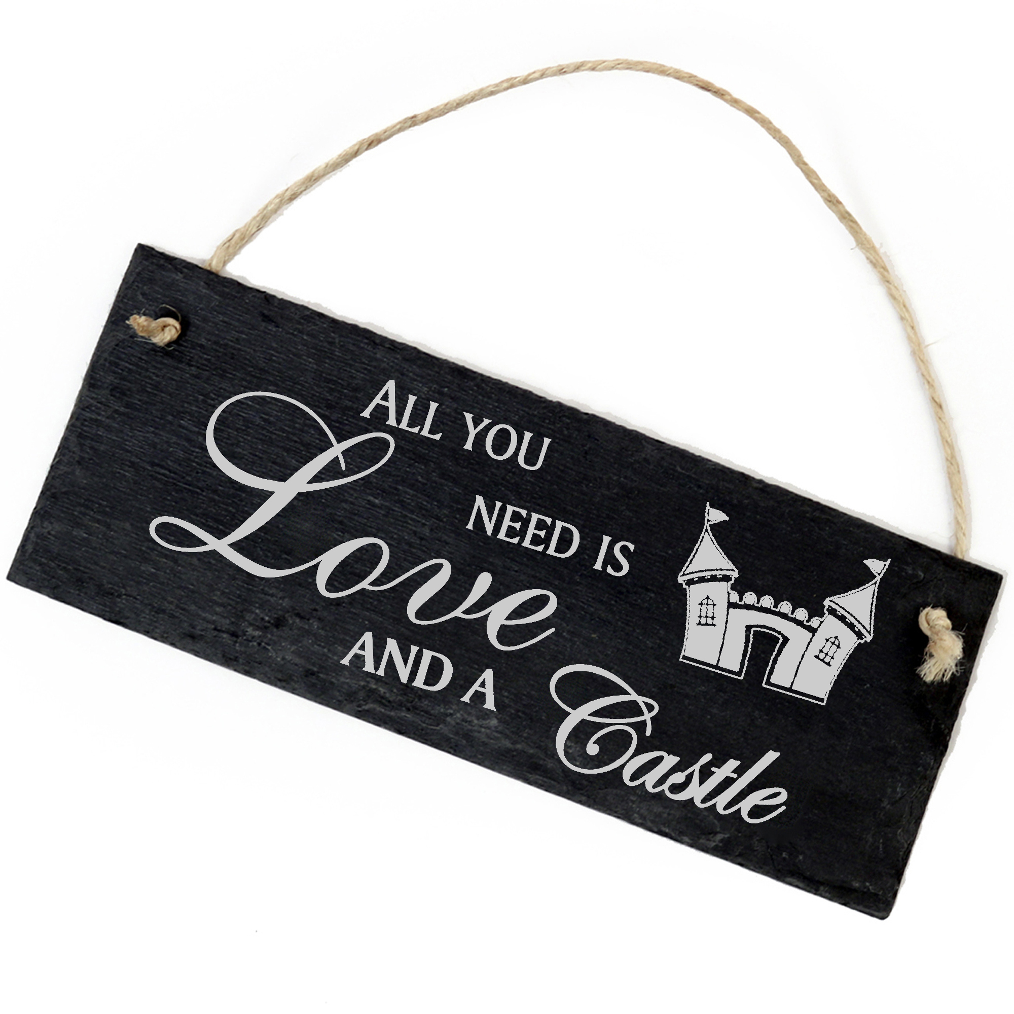 Schiefertafel Deko Comic Schloss Schild 22 x 8 cm - All you need is Love and a Castle