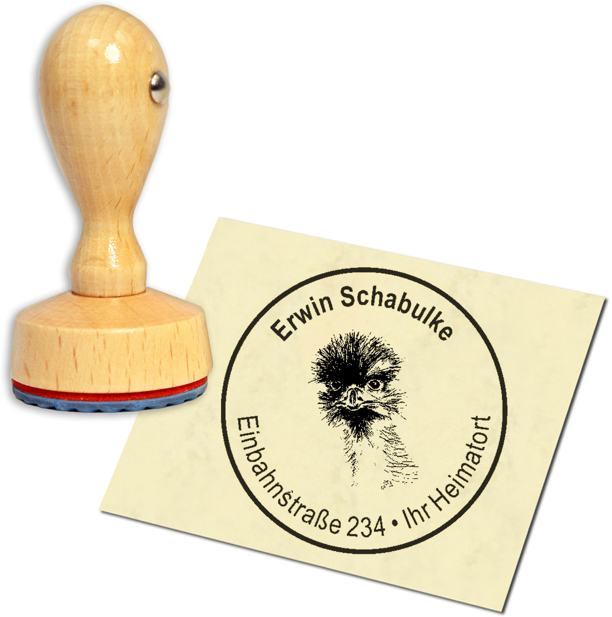 Stempel Adressstempel Holzstempel - Großer Emu - rund 40mm